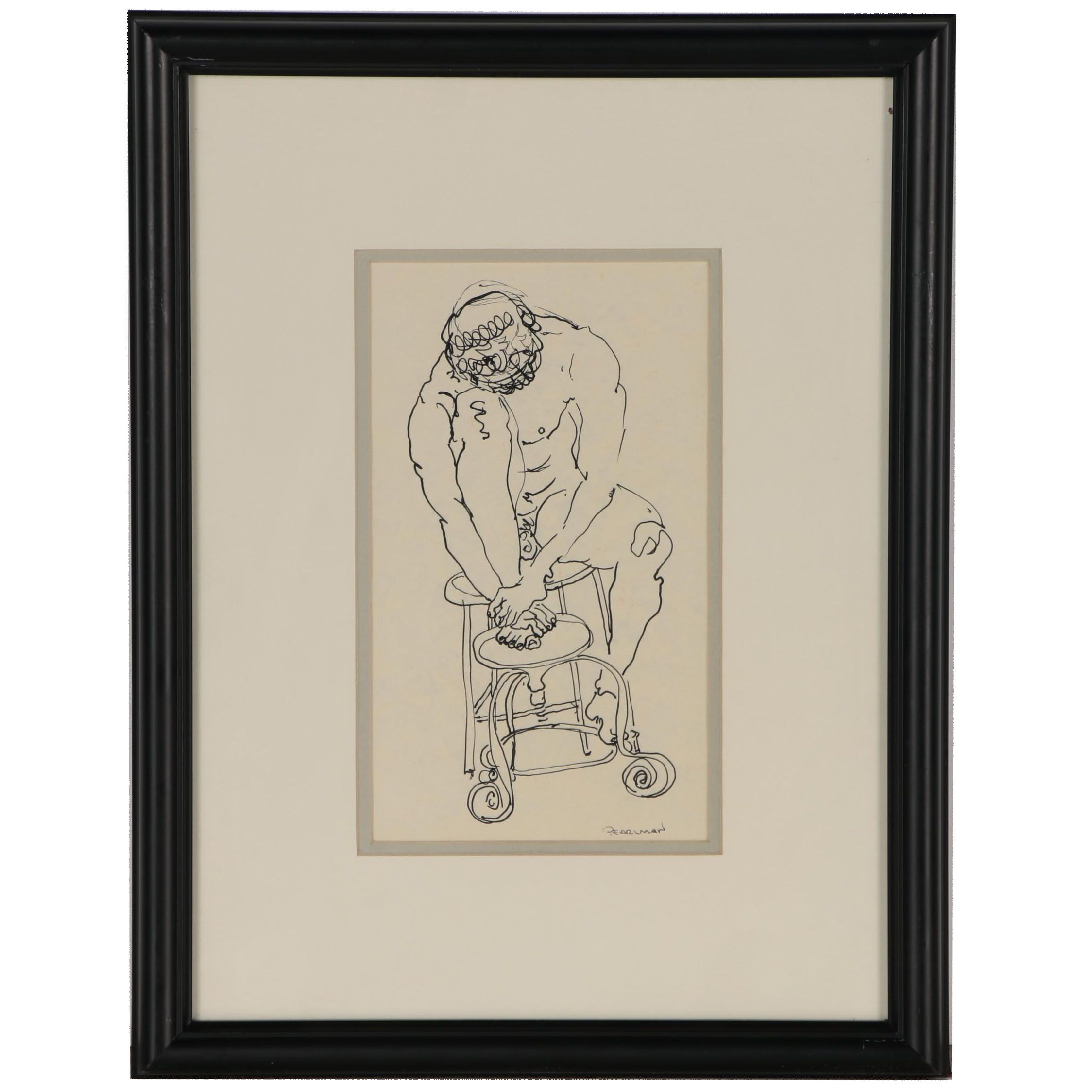 Ruth Pearlman Ink Figure Drawing of Seated Male Nude