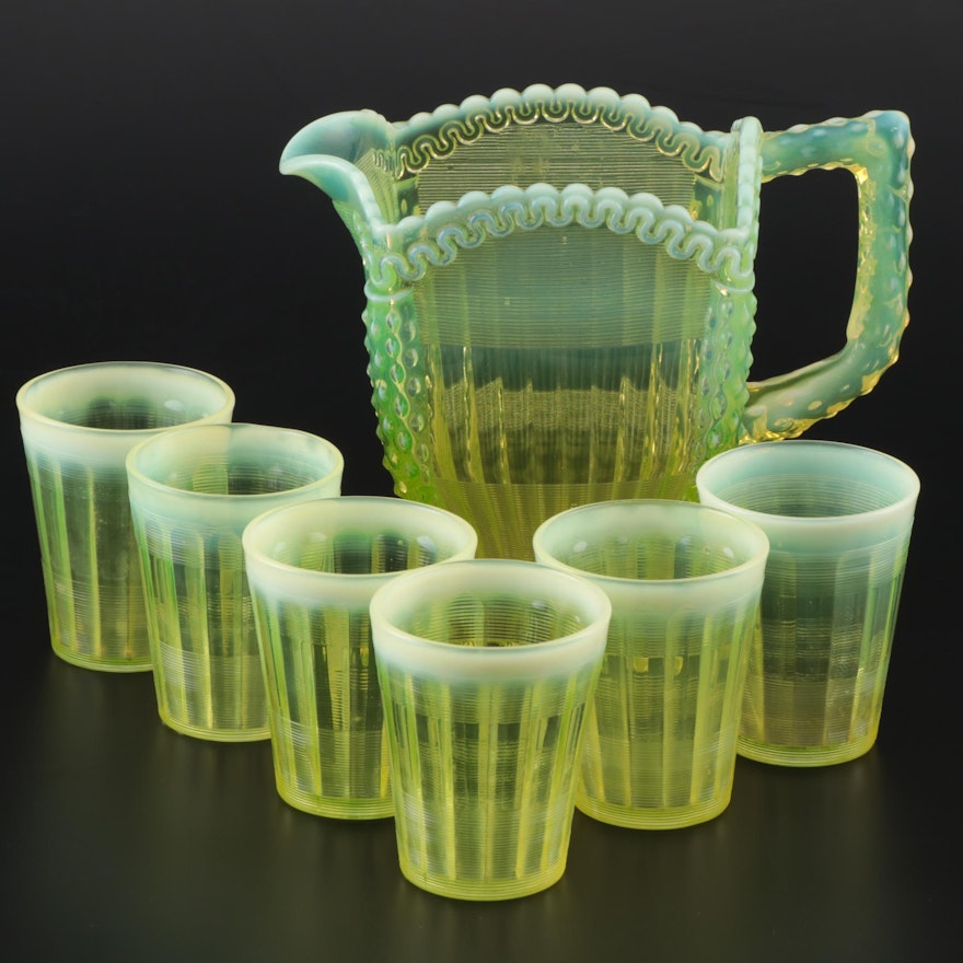 Northwood "Alaska" Vaseline Glass Pitcher and Tumblers, Early 20th Century