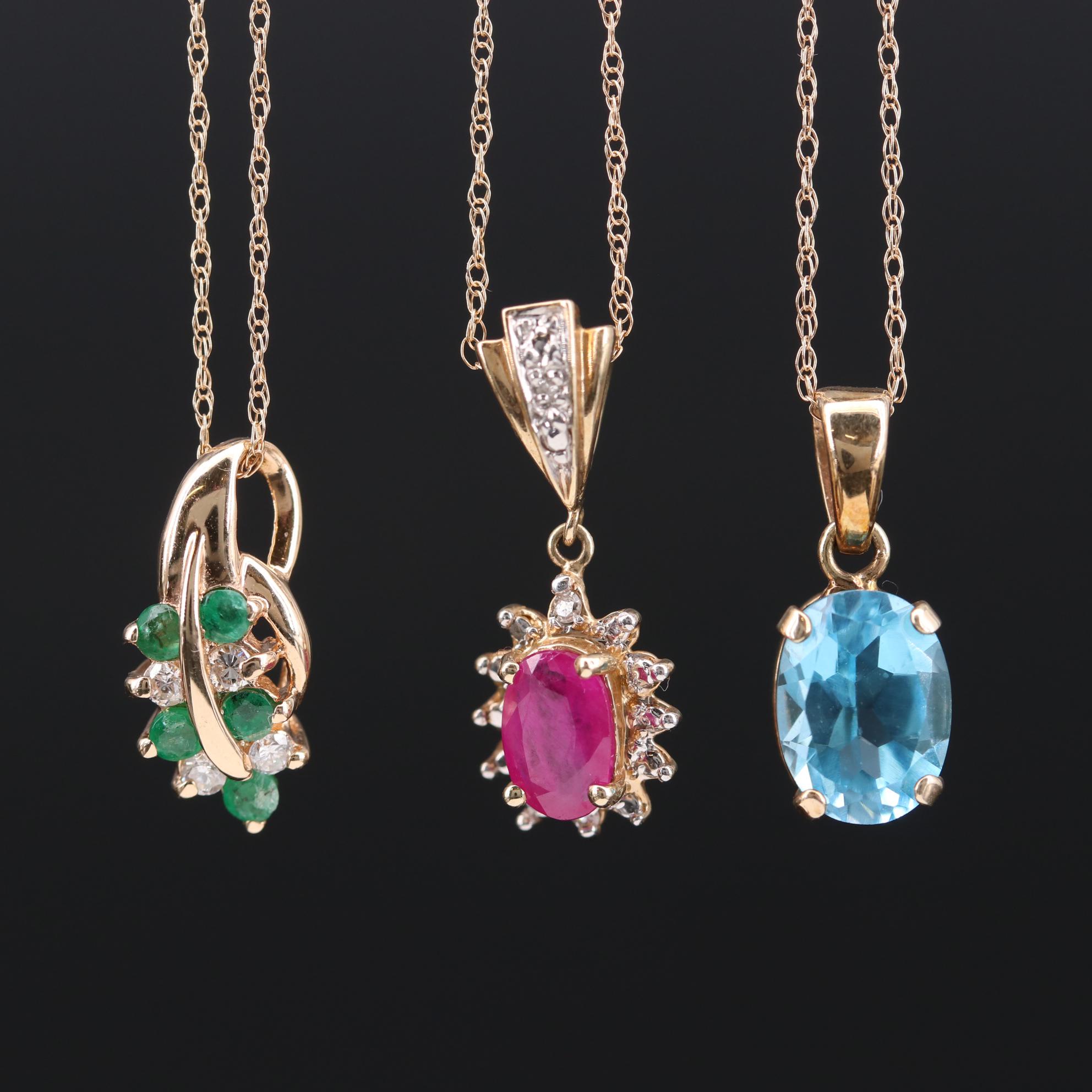 10K and 14K Gold Necklaces with Topaz, Ruby, Emerald, and Diamonds