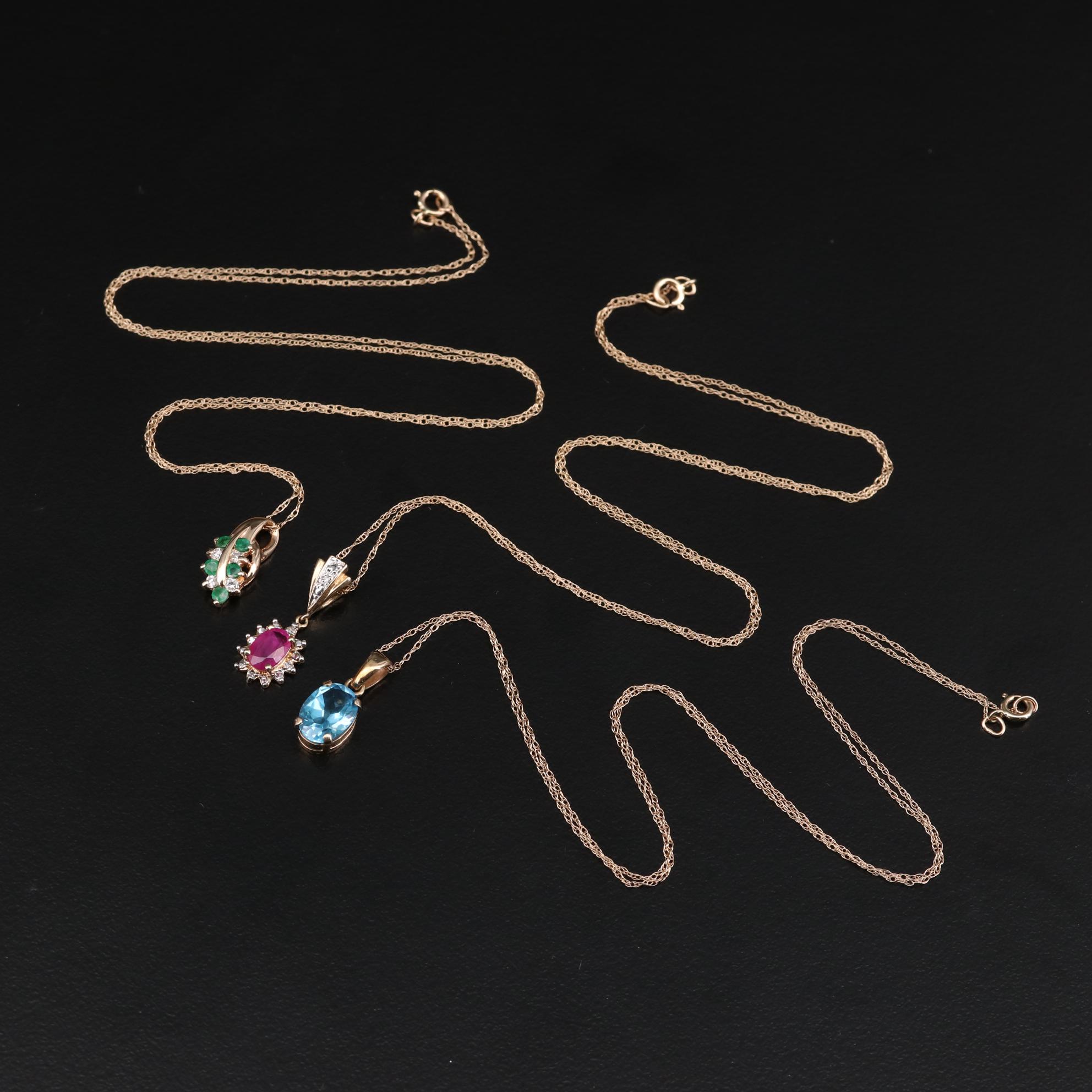 10K and 14K Gold Necklaces with Topaz, Ruby, Emerald, and Diamonds