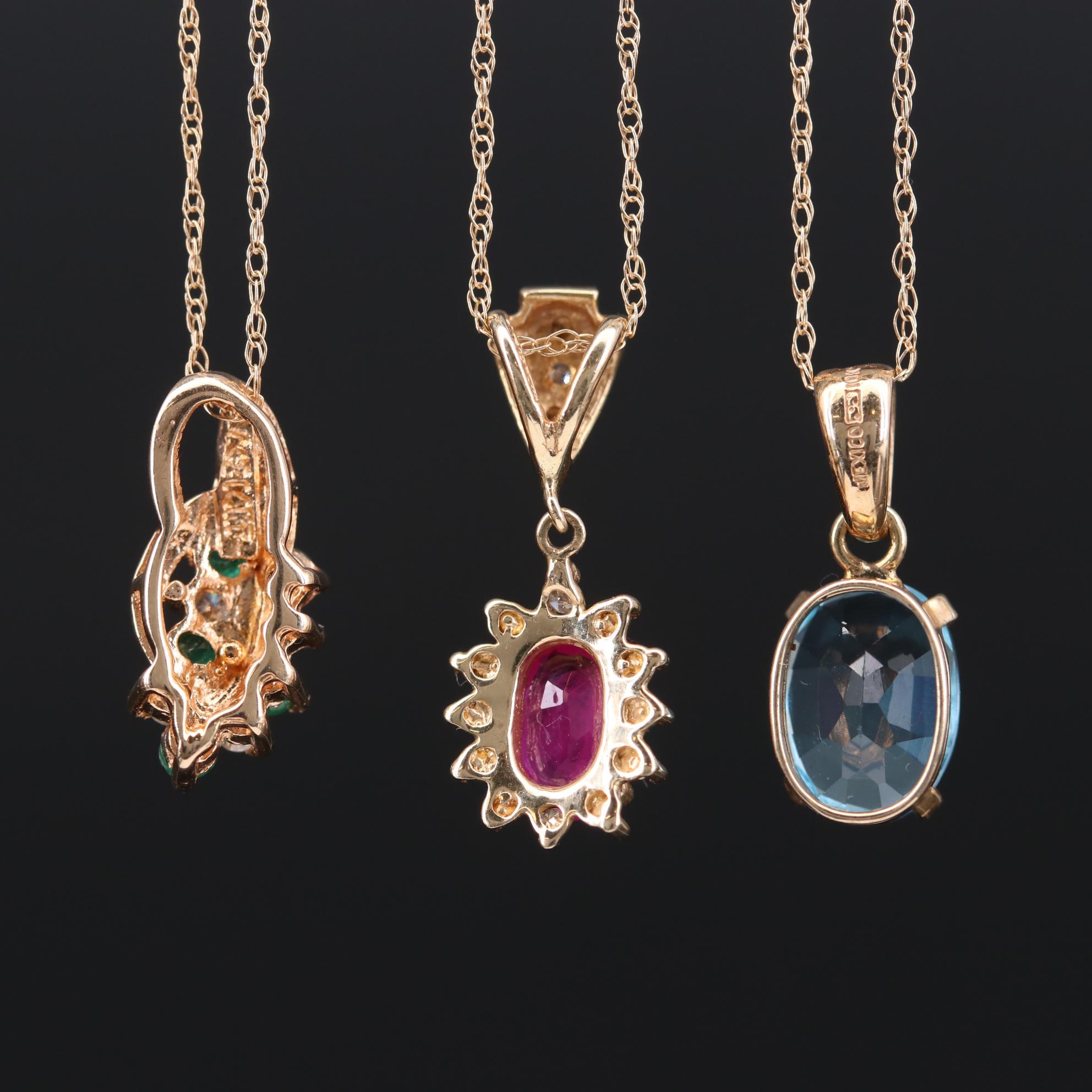 10K and 14K Gold Necklaces with Topaz, Ruby, Emerald, and Diamonds
