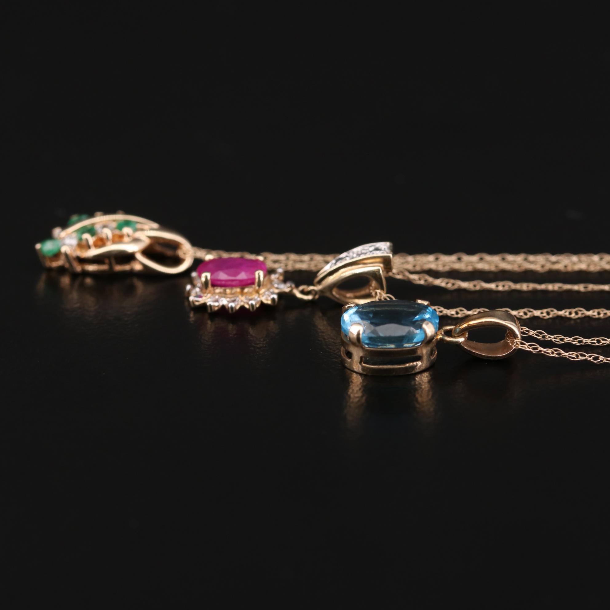 10K and 14K Gold Necklaces with Topaz, Ruby, Emerald, and Diamonds