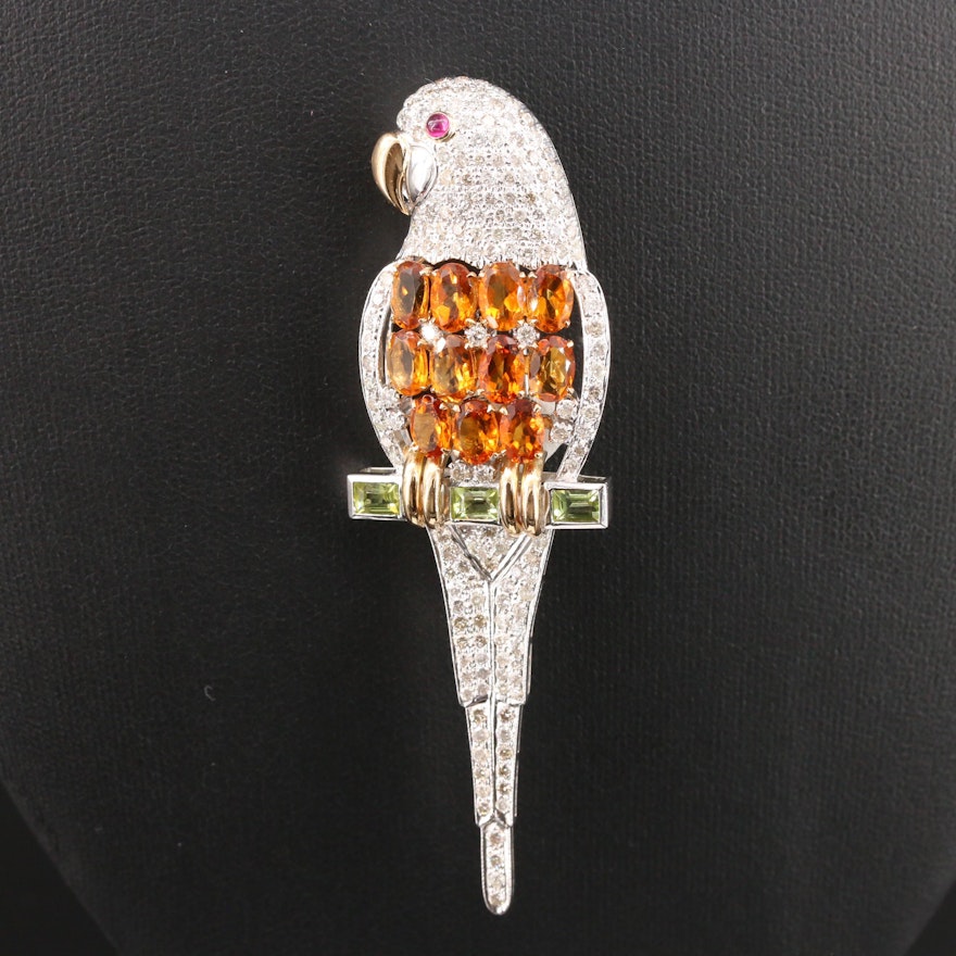 18K Gold Citrine, Peridot, Ruby and 2.20 CTW Diamond Parrot Brooch