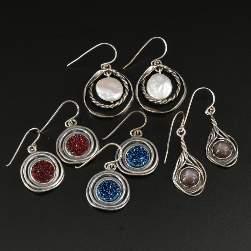 Or Paz Sterling Silver Coin Pearl, Druzy and Quartz Dangle Earrings