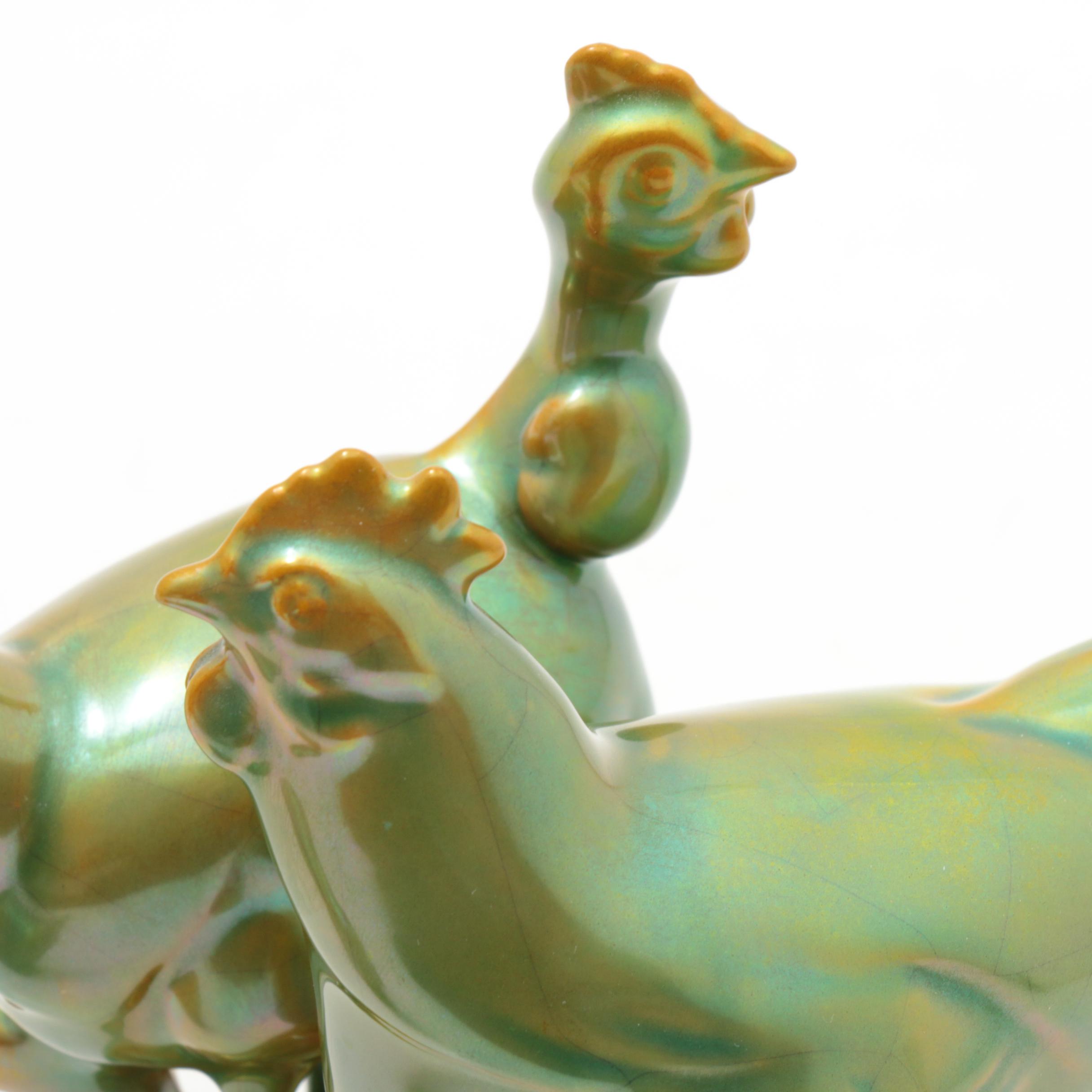 Zsolnay Hungary Iridescent Eosin Glazed Porcelain Chicken and Kitten Figurines