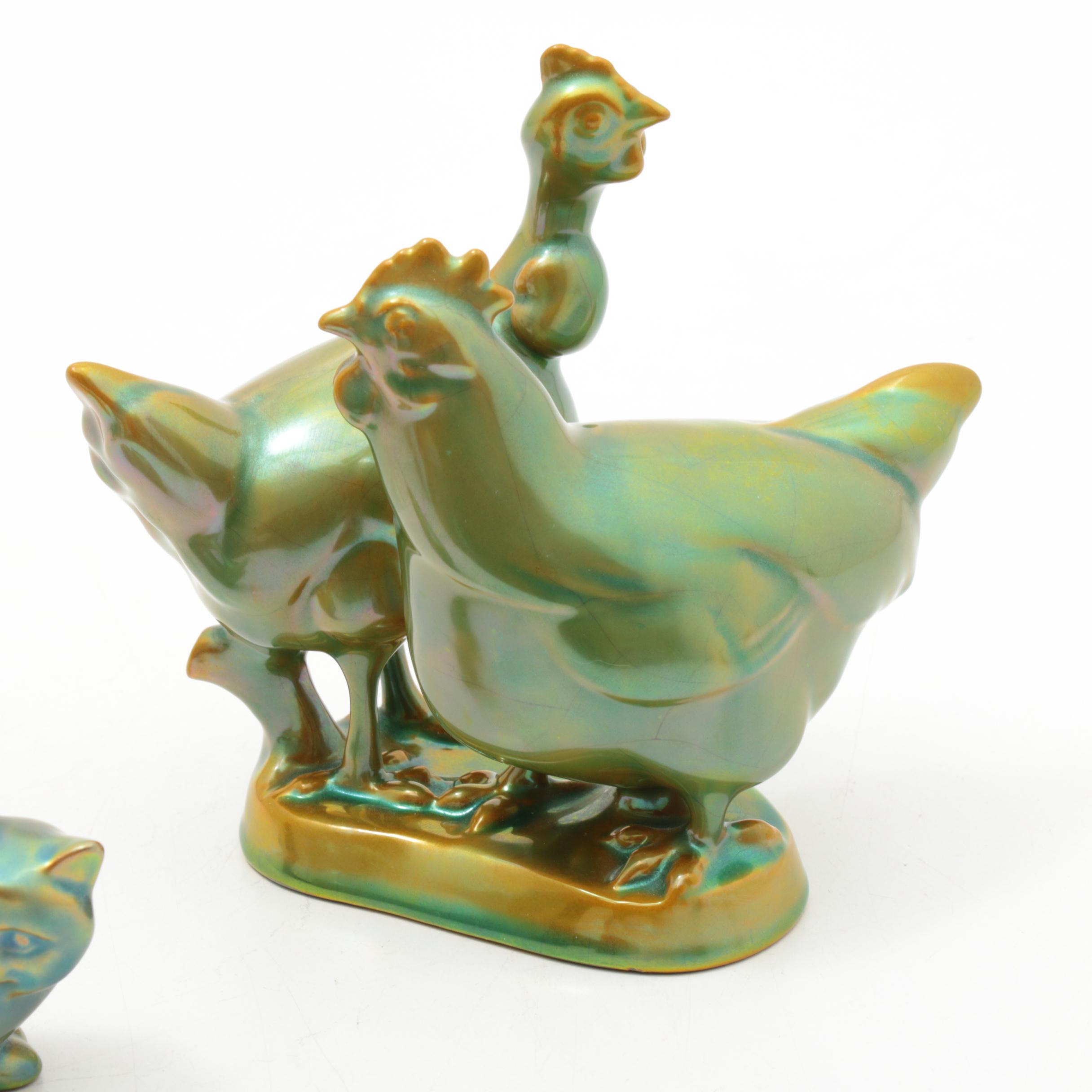 Zsolnay Hungary Iridescent Eosin Glazed Porcelain Chicken and Kitten Figurines