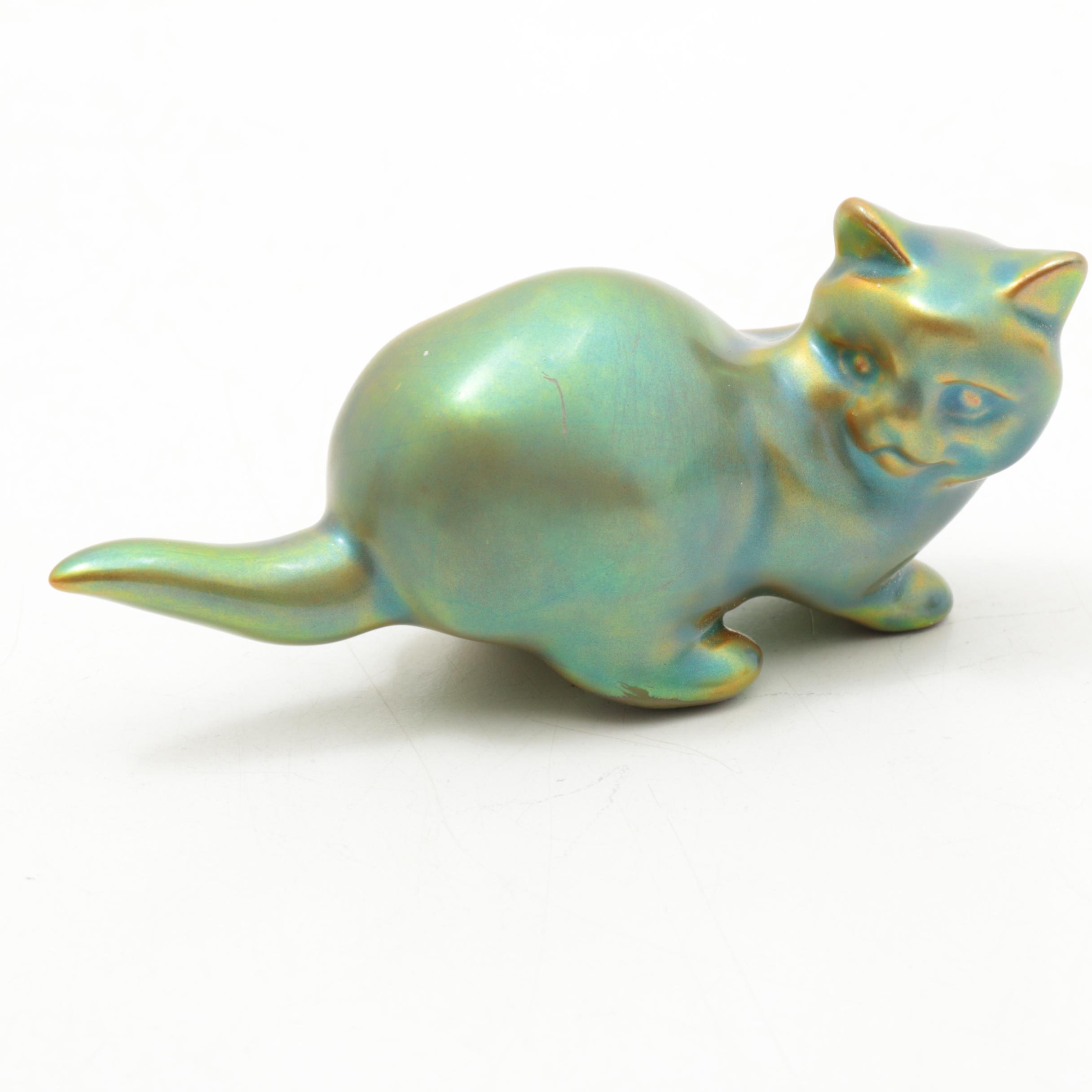 Zsolnay Hungary Iridescent Eosin Glazed Porcelain Chicken and Kitten Figurines