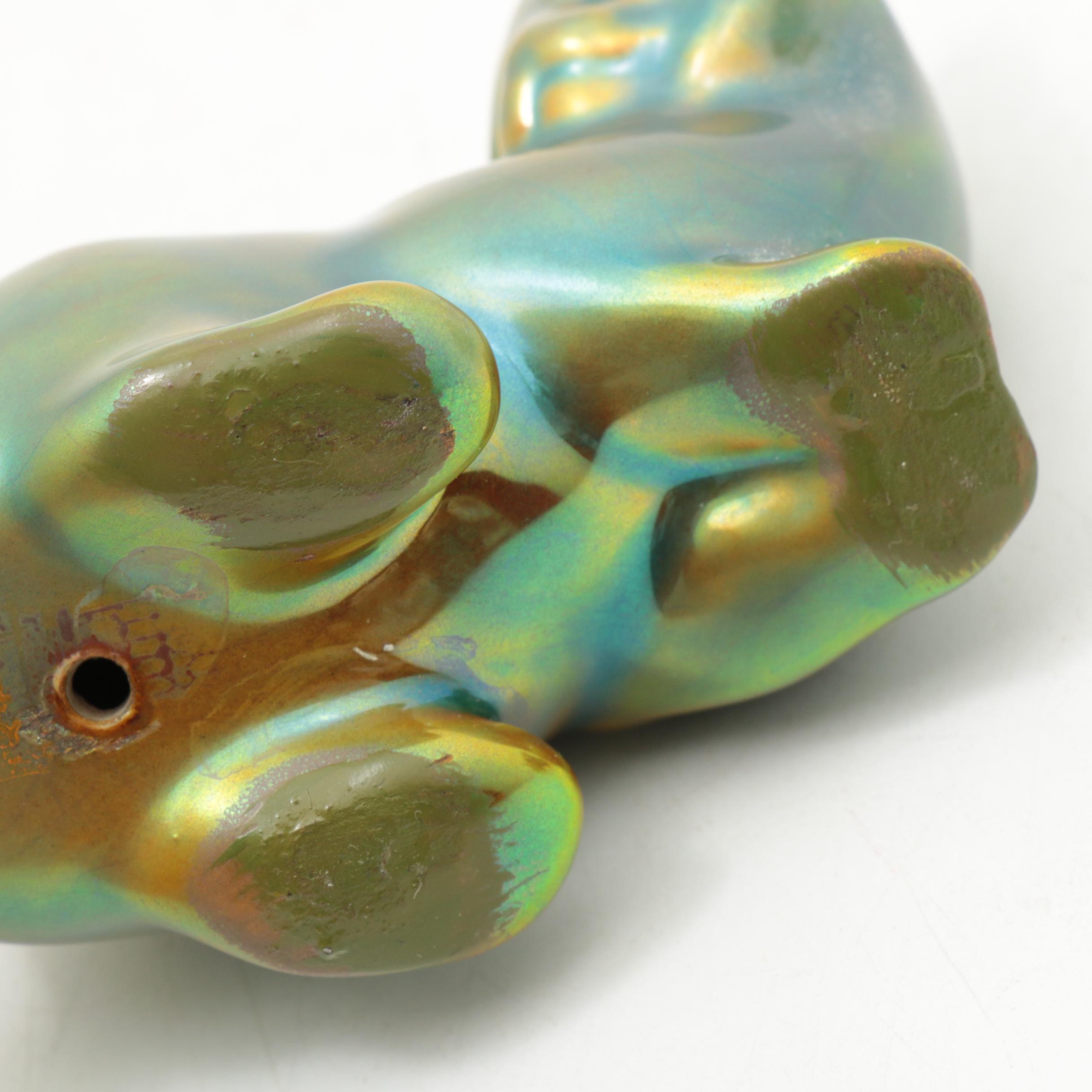 Zsolnay Hungary Iridescent Eosin Glazed Porcelain Chicken and Kitten Figurines