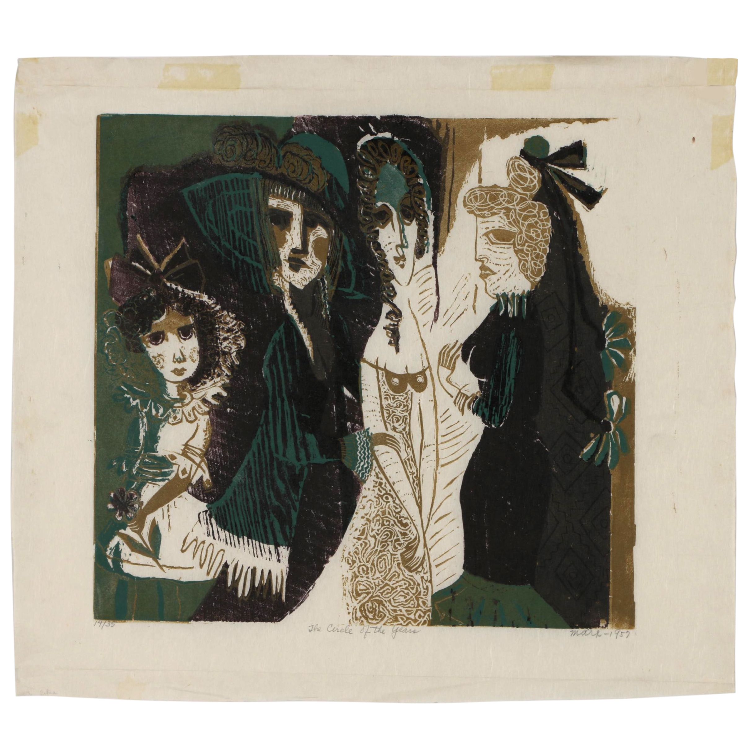 Evelyn Marx Woodcut "The Circle of the Years", 1957