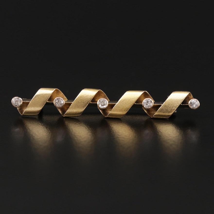 Antique 14K Yellow Gold Diamond Twisted Ribbon Bar Brooch