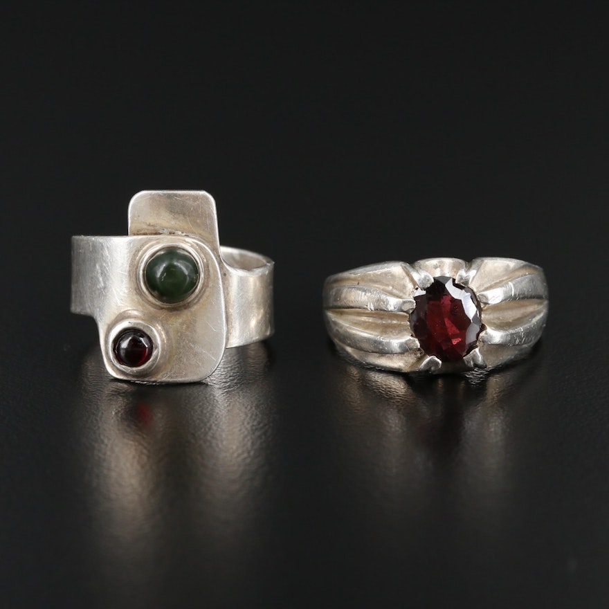 Sterling Silver Garnet and Nephrite Rings