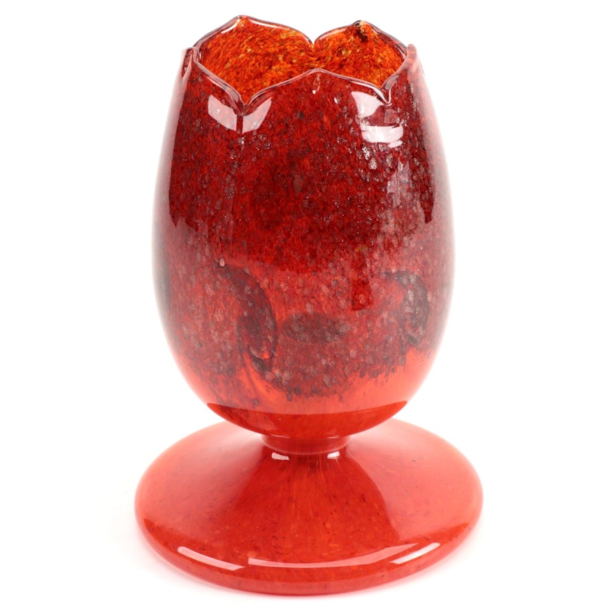 Vasart "Tulip" Glass Lamp With Mottled Red, Black, and Aventurine