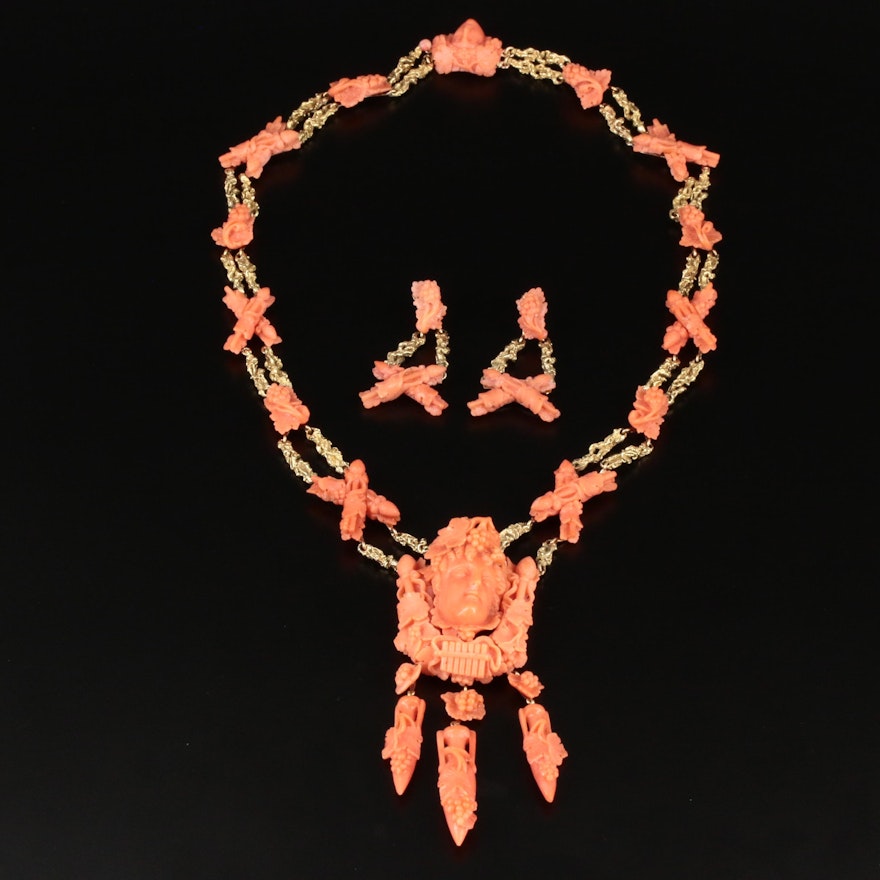 Victorian 14K Yellow Gold Coral Bacchus "God of Wine" Necklace and Earrings Set