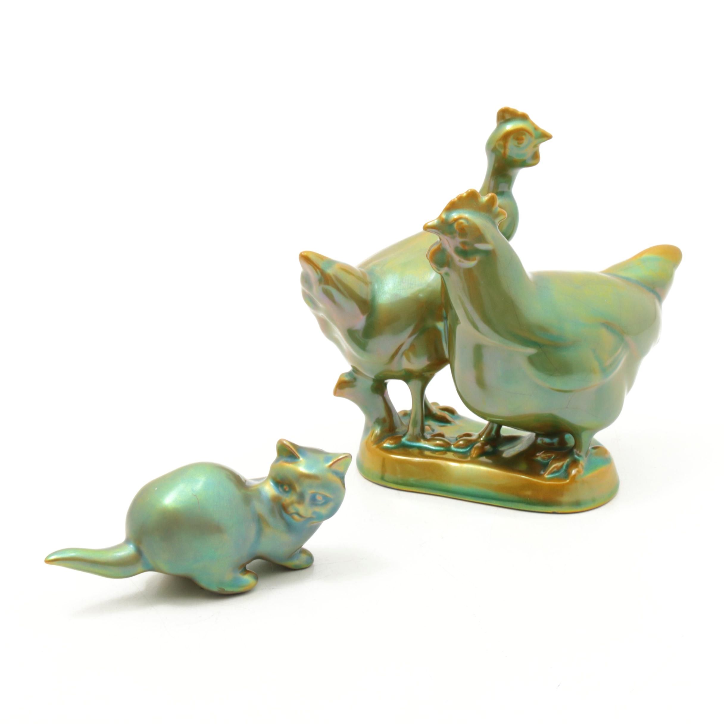 Zsolnay Hungary Iridescent Eosin Glazed Porcelain Chicken and Kitten Figurines
