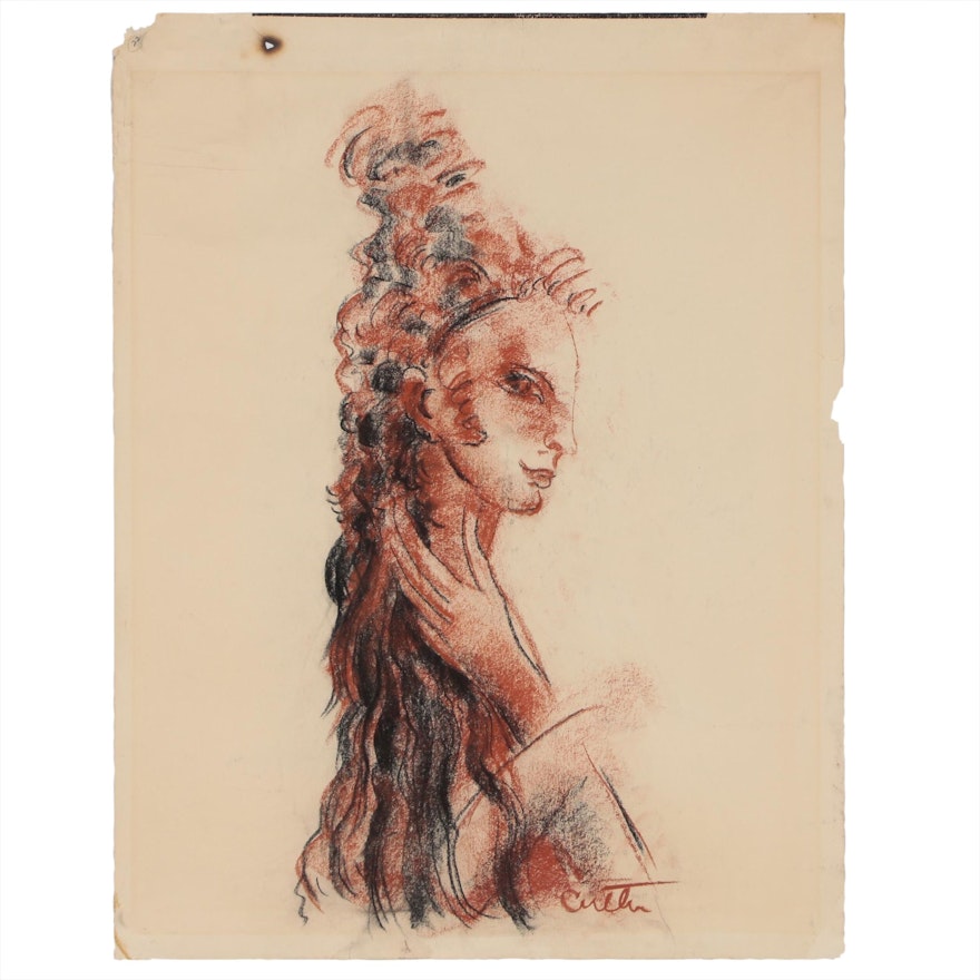 Charles Cutler Conté Crayon Drawing "Head", 1966