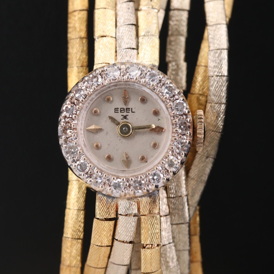 Vintage Ebel 14K White and Yellow Gold Wristwatch with Diamond Bezel
