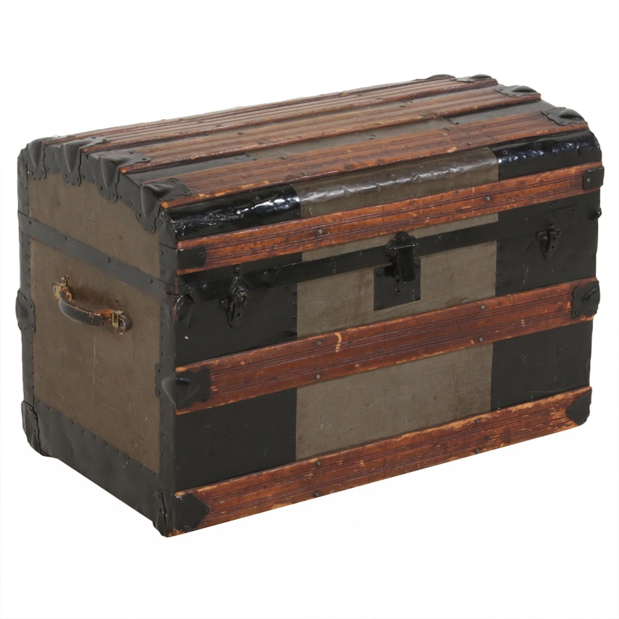 Late Victorian Metal-Bound Wooden Steamer Trunk, Late 19th/Early 20th Century