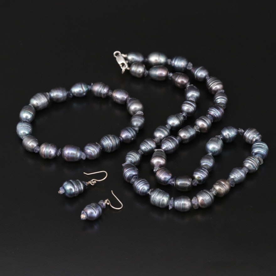 Sterling Silver Cultured Pearl Necklace, Bracelet and Earrings