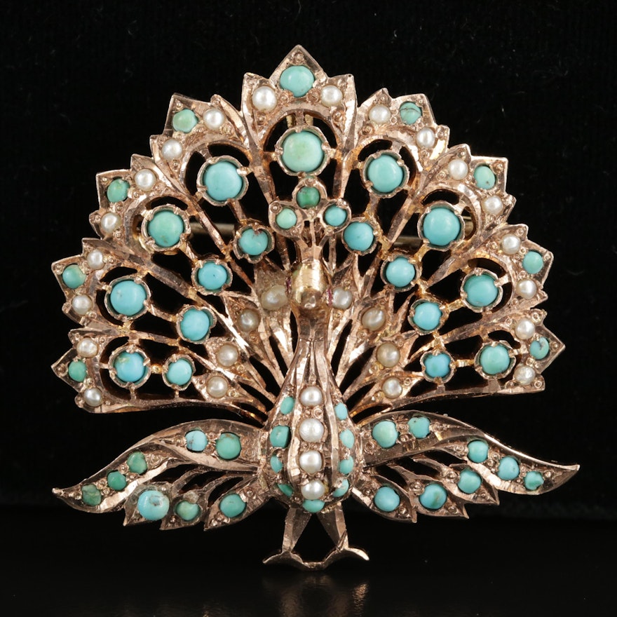 Vintage 14K Yellow Gold Turquoise, Seed Pearl and Ruby Peacock Converter Brooch