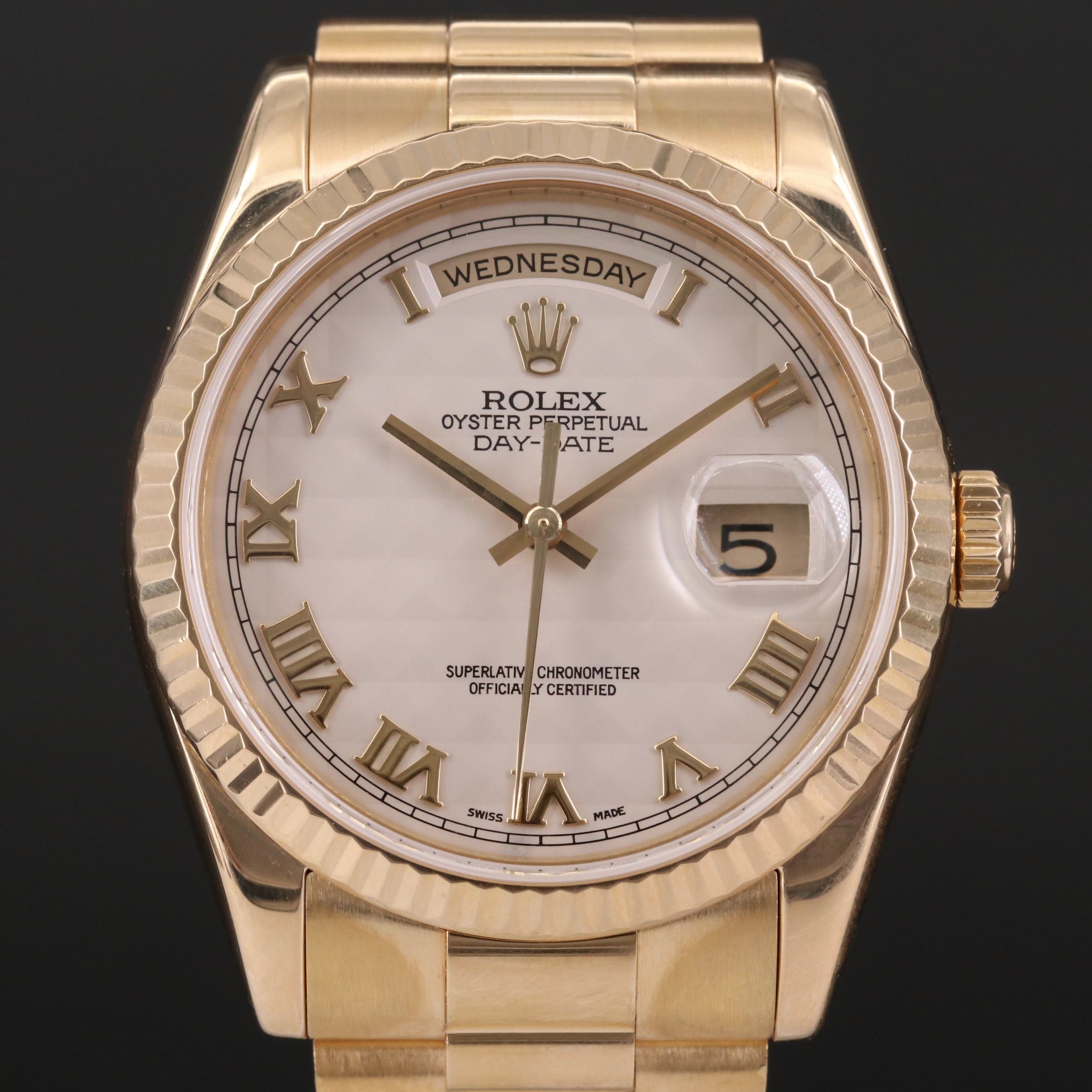 Rolex Day - Date 18K Gold Watch with Ivory Pyramid Dial, 2004