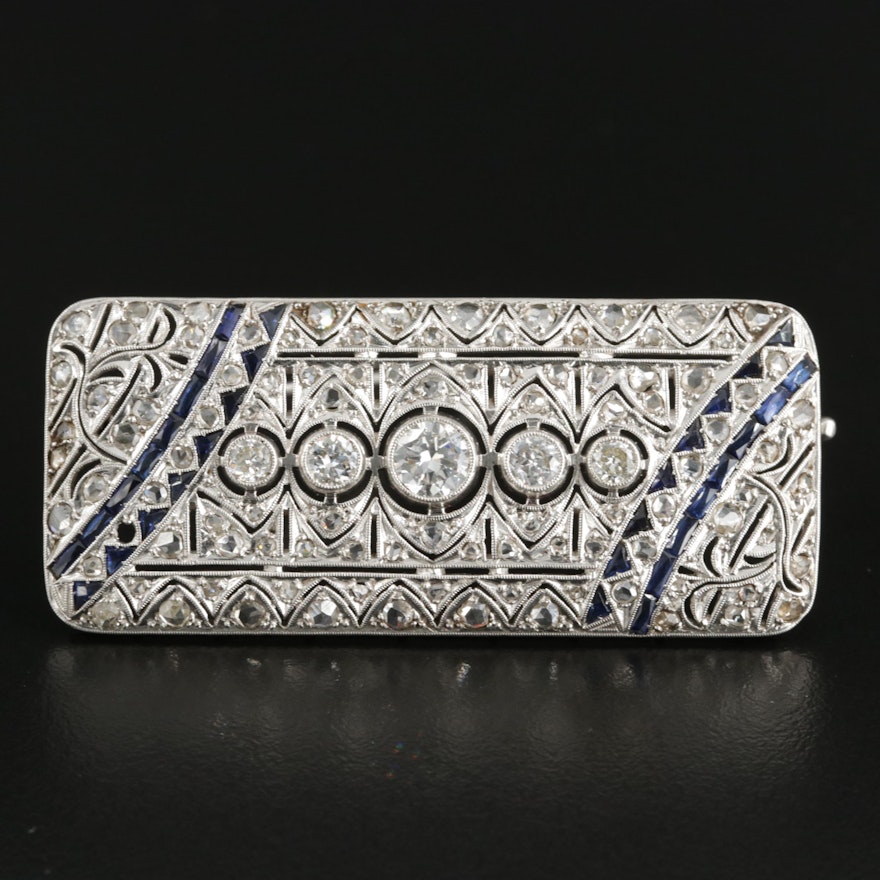 Edwardian Platinum 2.96 CTW Diamond and Sapphire Brooch