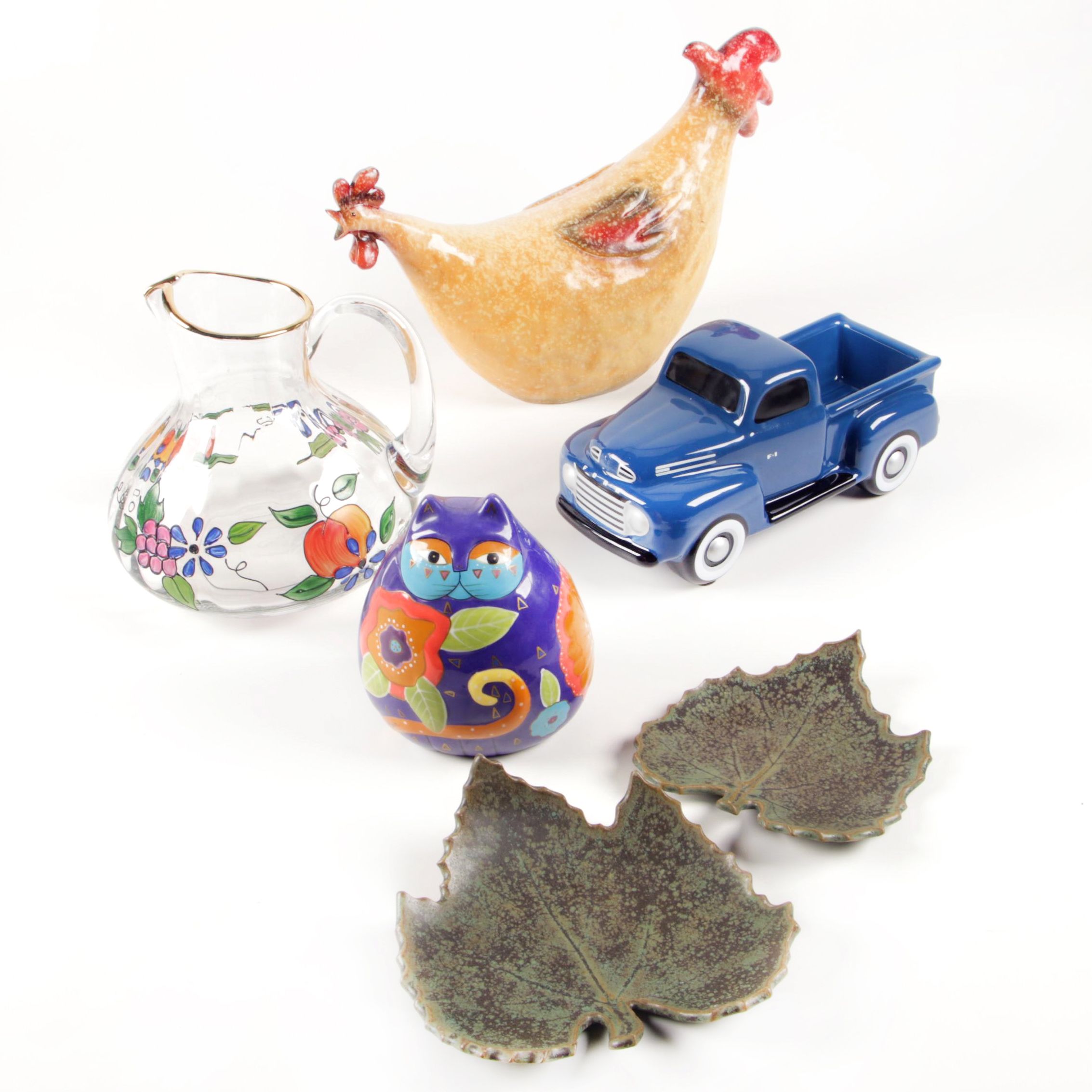 Laurel Burch Cat Bank, Truck Planter, Painted Glass Pitcher, Rooster and Others