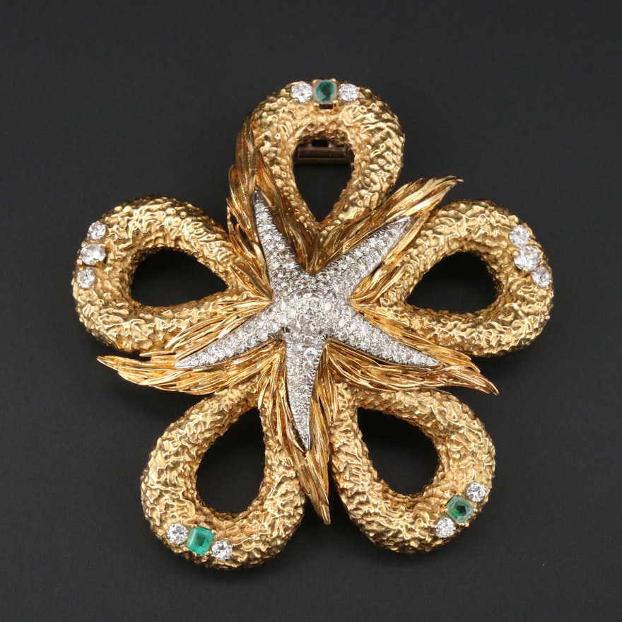 1960s 18K 3.38 CTW Diamond, Genuine and Imitation Emerald Starfish Brooch