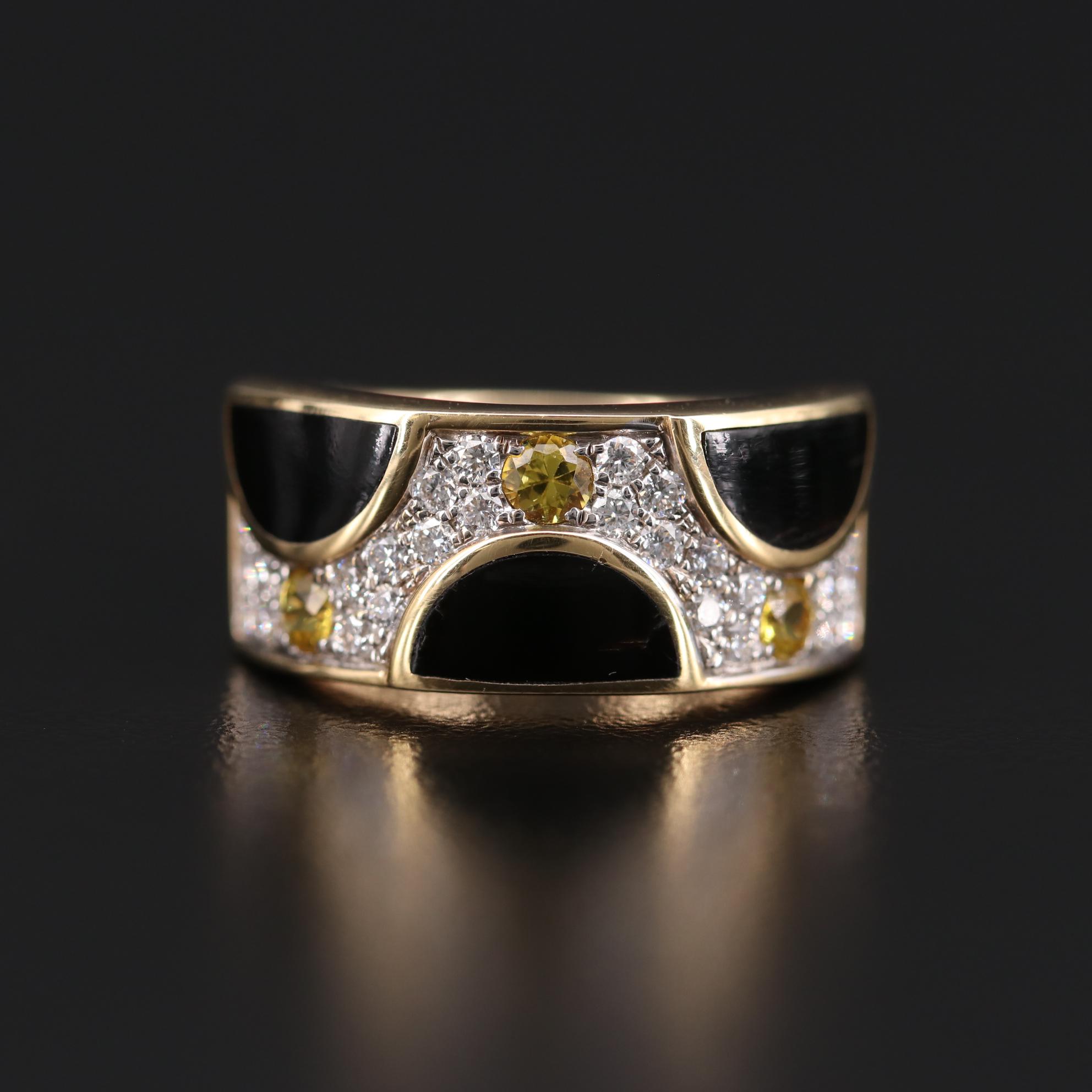 Bernard K Passman 18K Yellow Gold Sapphire, Diamond and Black Coral Ring