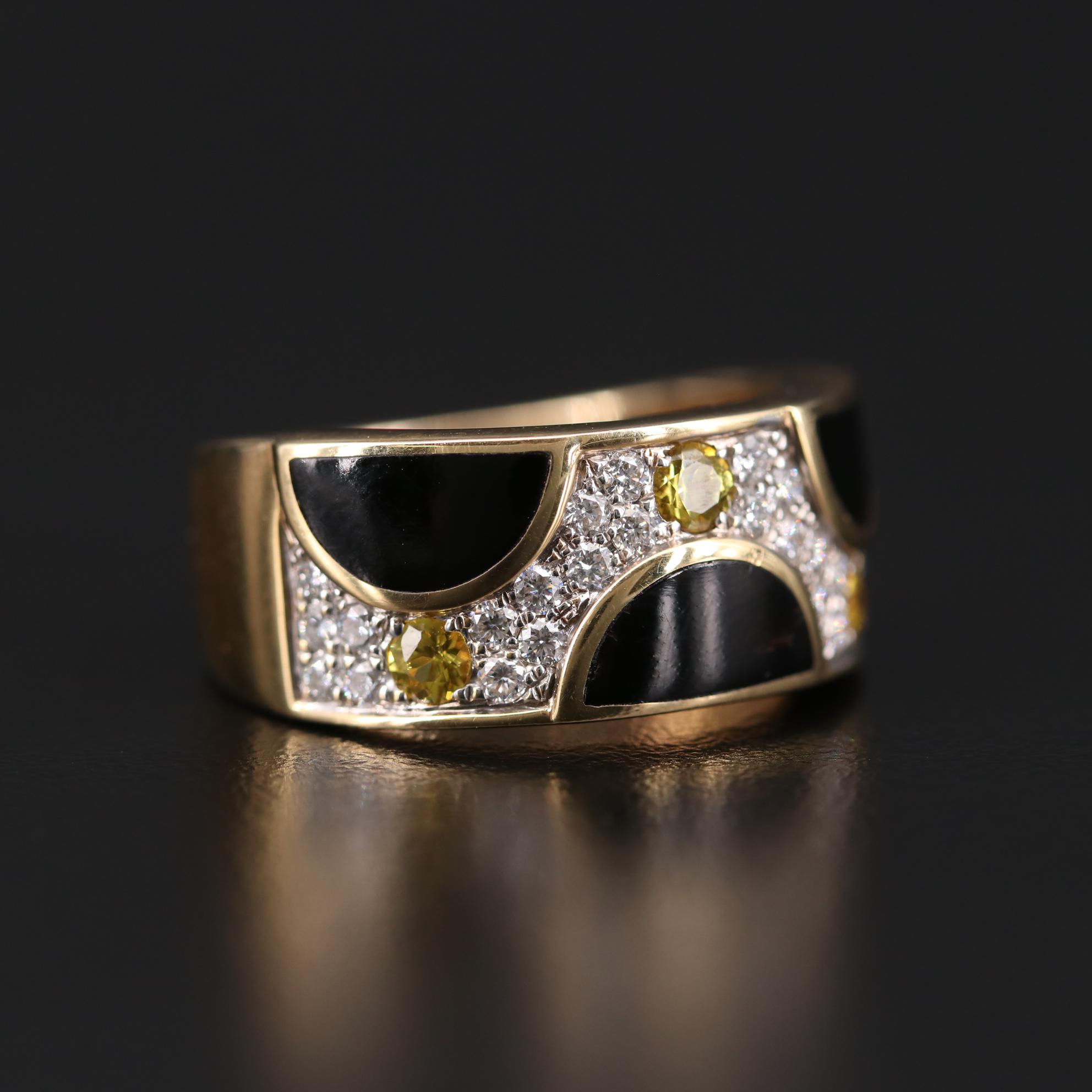 Bernard K Passman 18K Yellow Gold Sapphire, Diamond and Black Coral Ring