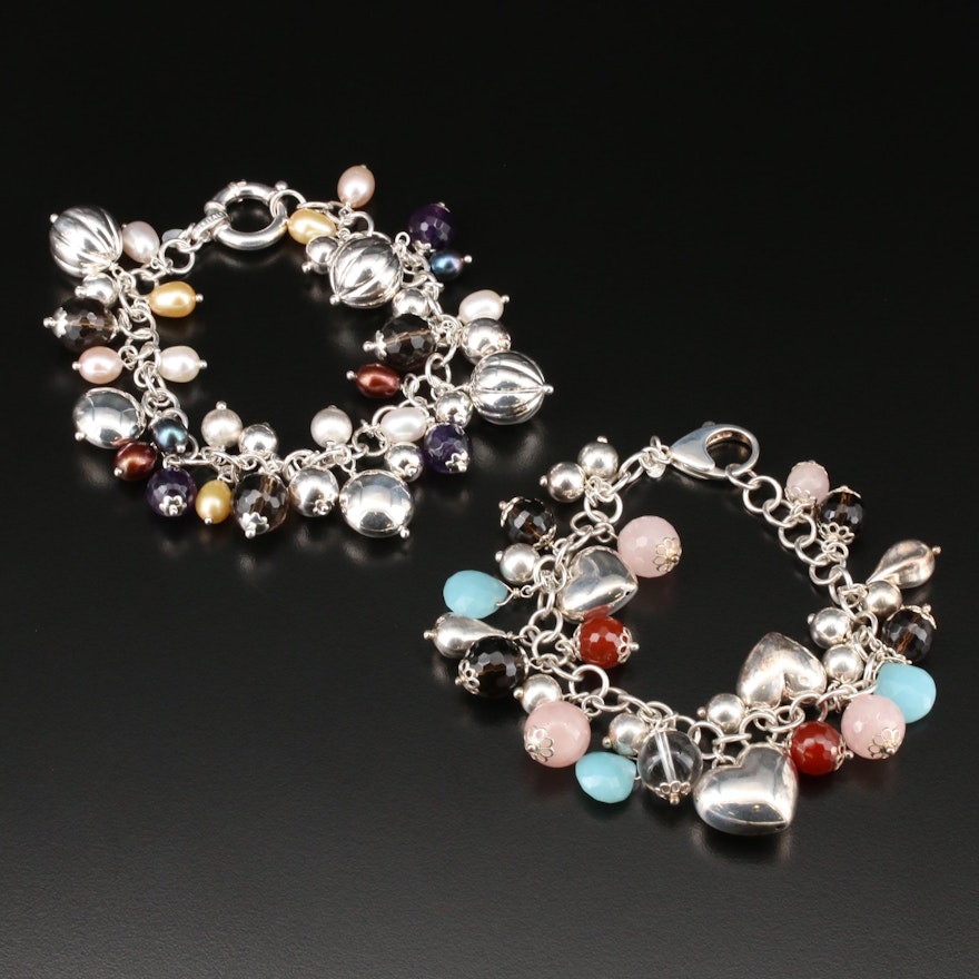 Sterling Silver Multi-Gemstone Fringe Bracelet Including Rose and Smoky Quartz