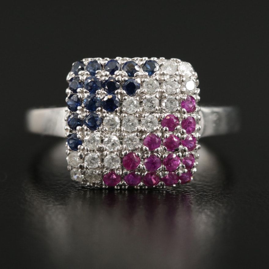 14K White Gold Diamond, Ruby and Sapphire Ring