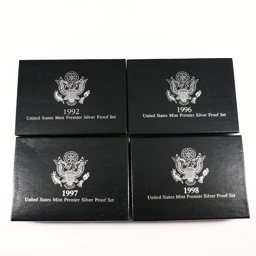 Four U.S. Mint Premier Silver Proof Sets Including 1992, 1996, 1997, and 1998