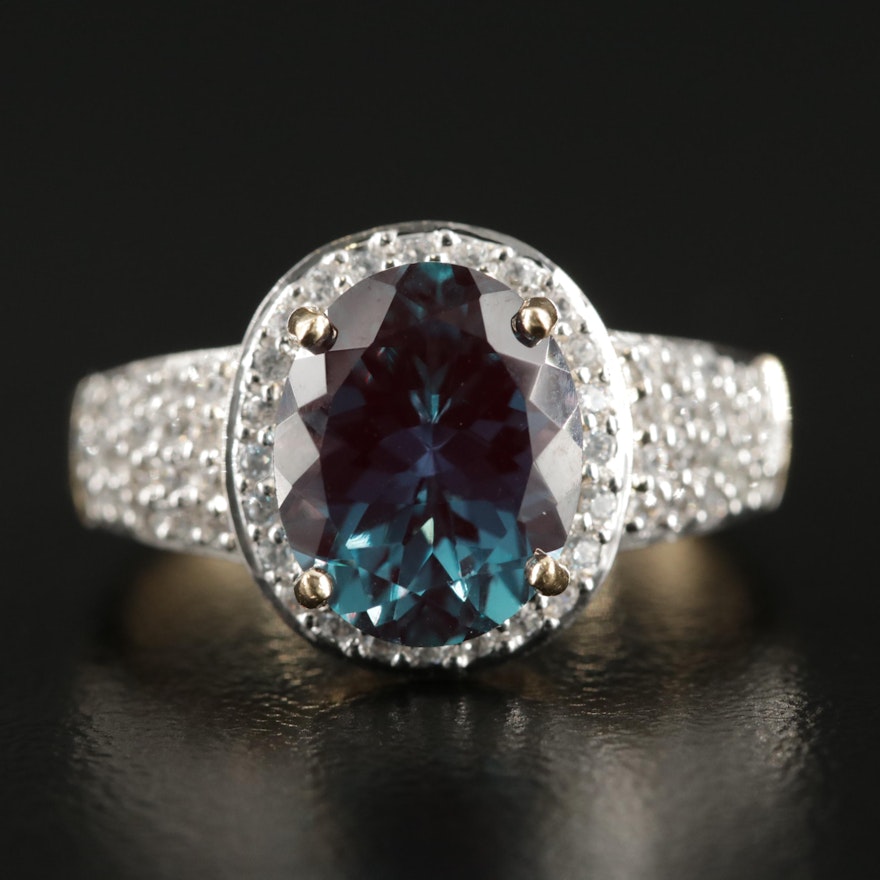 14K Yellow Gold Synthetic Alexandrite and White Zircon Ring