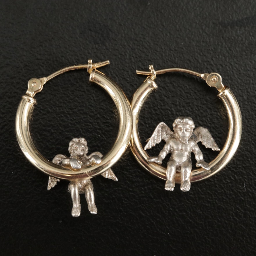 14K White Gold and Sterling Silver Angel Hoop Earrings