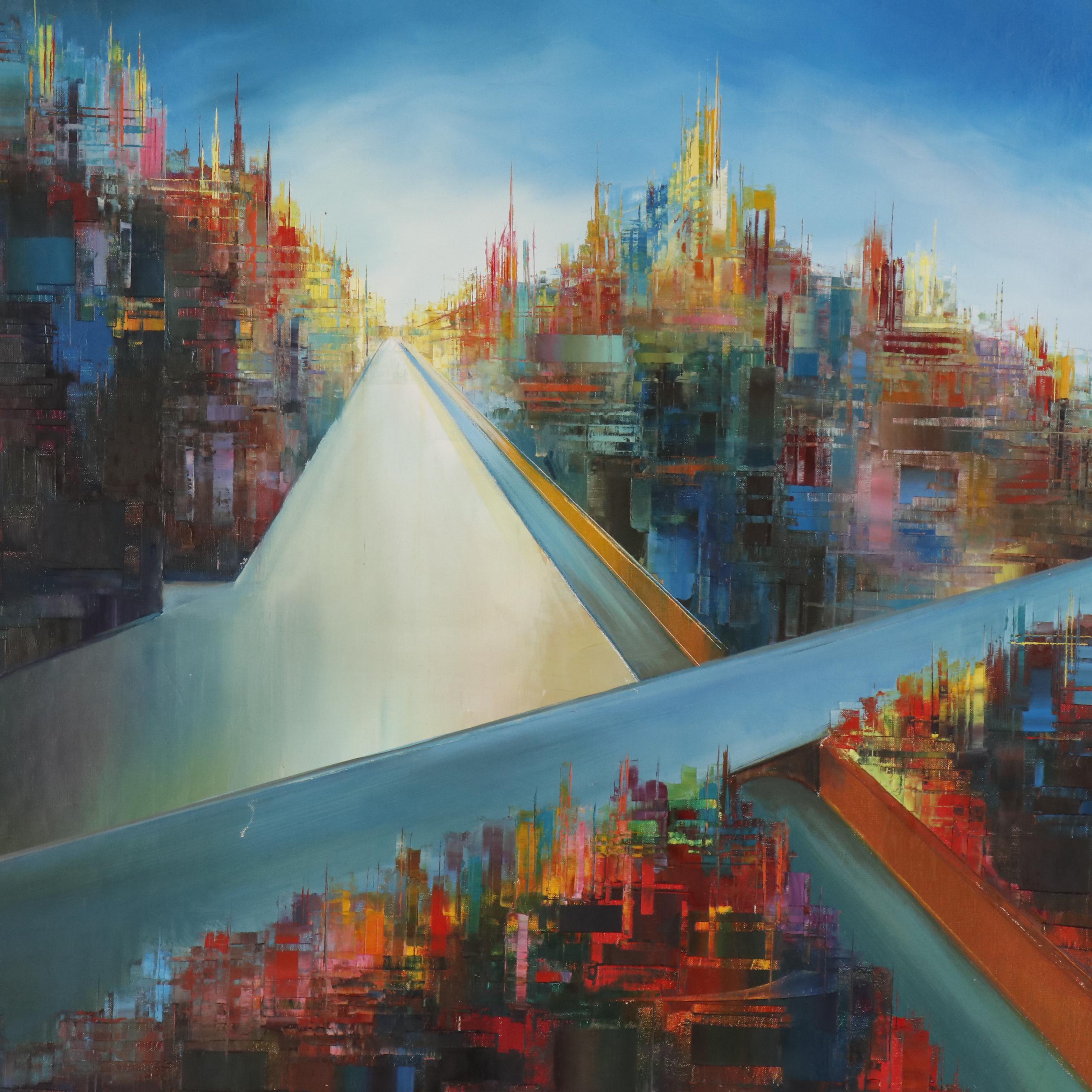 Martin Rolland Abstract Cityscape Oil Painting, Mid 20th Century