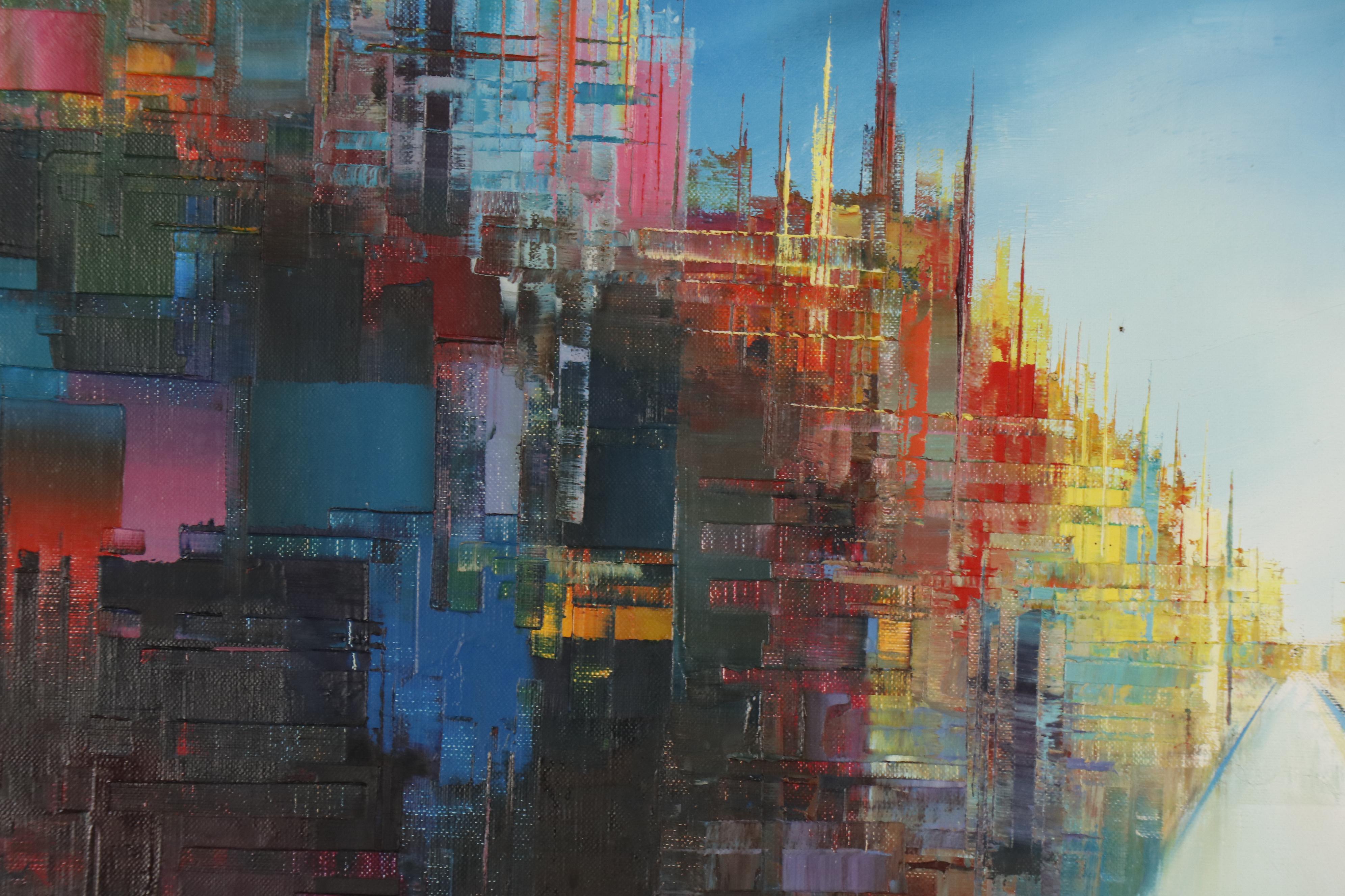 Martin Rolland Abstract Cityscape Oil Painting, Mid 20th Century