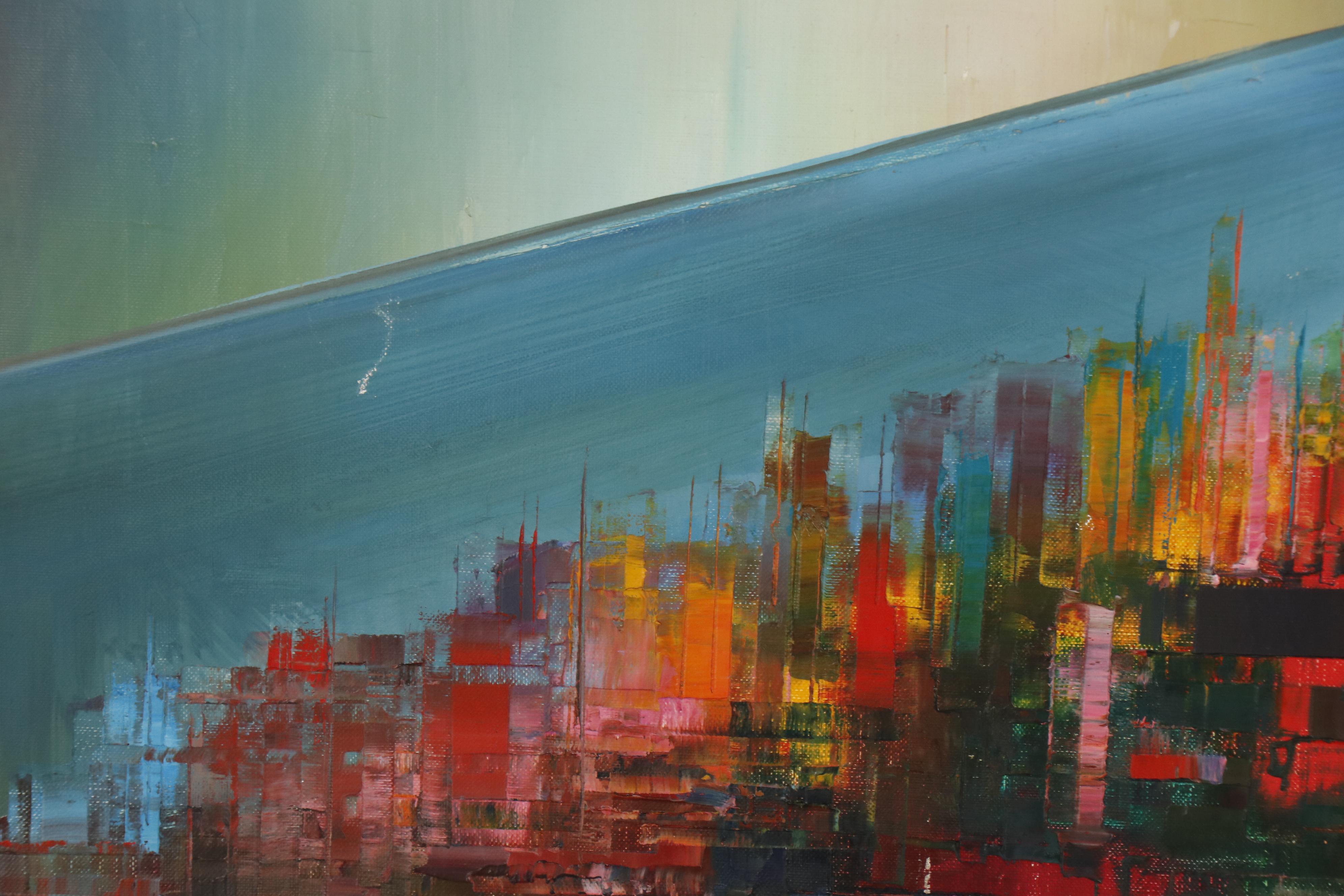 Martin Rolland Abstract Cityscape Oil Painting, Mid 20th Century