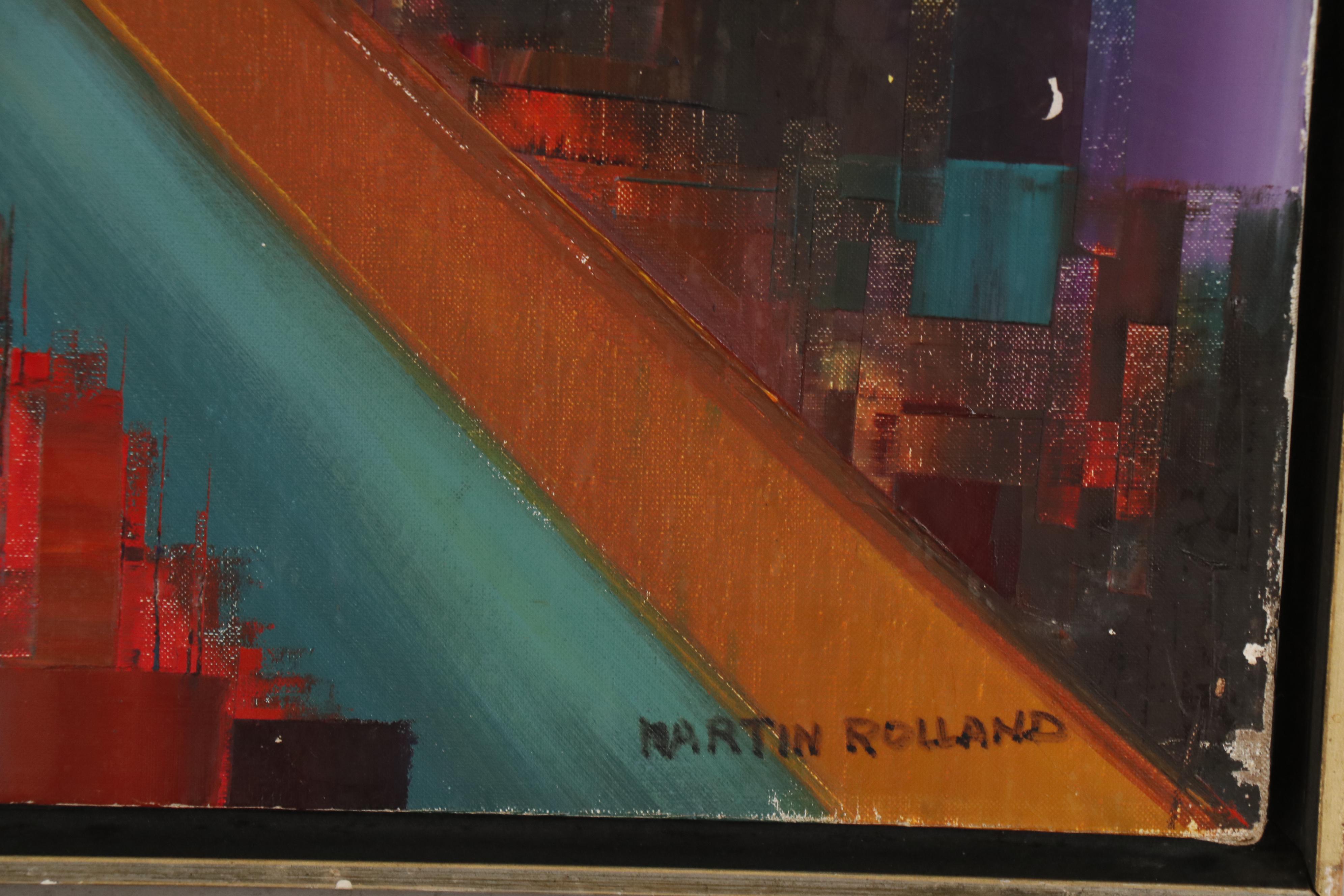 Martin Rolland Abstract Cityscape Oil Painting, Mid 20th Century