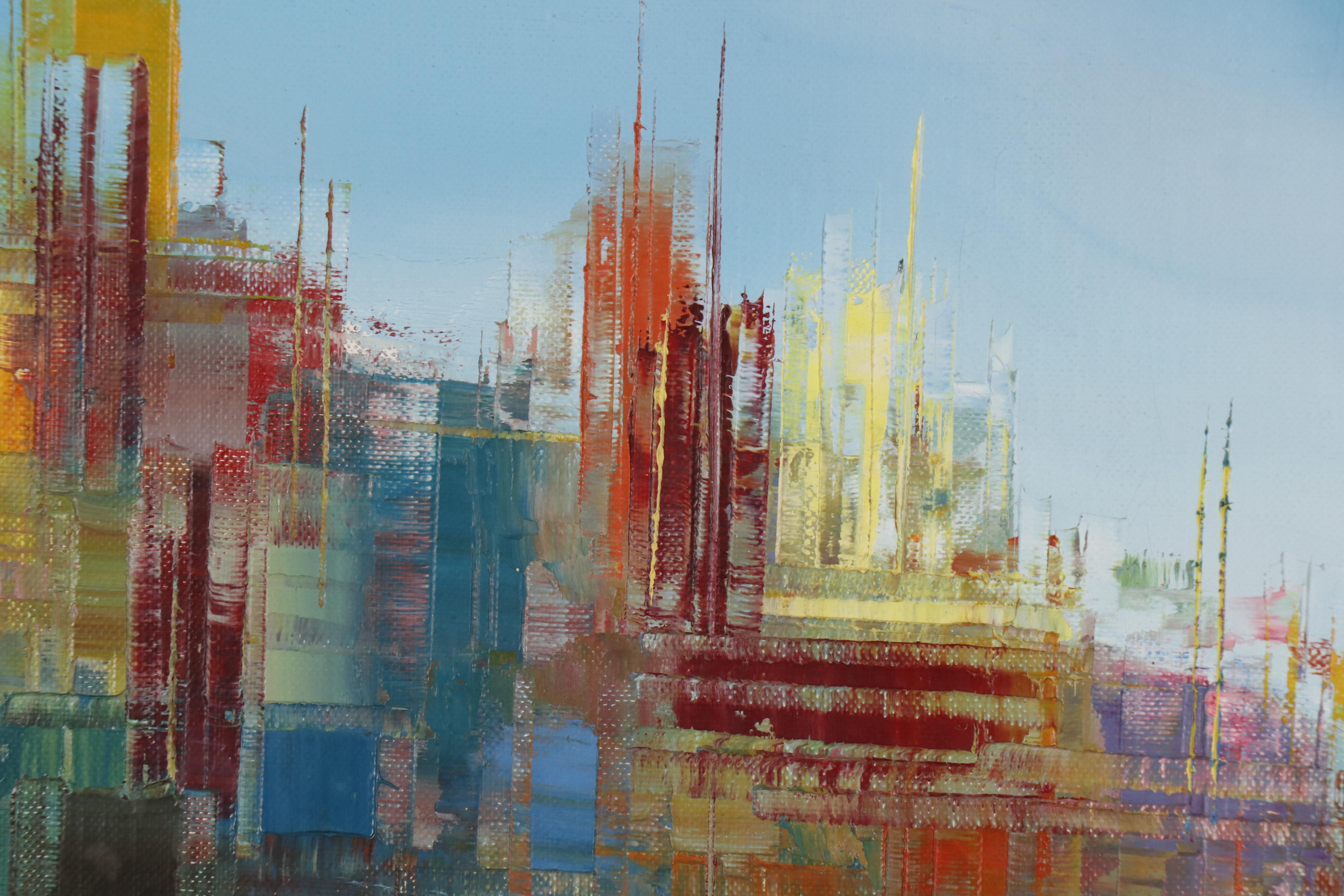 Martin Rolland Abstract Cityscape Oil Painting, Mid 20th Century