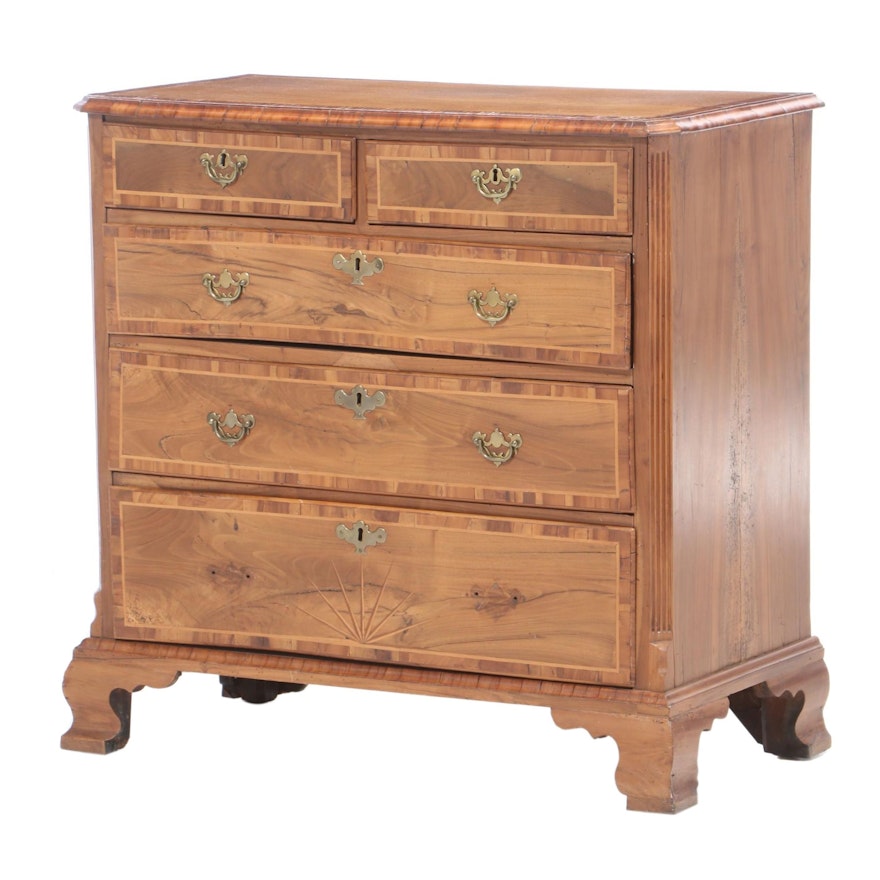 George II Walnut and Marquetry Five-Drawer Chest, Mid-18th Century