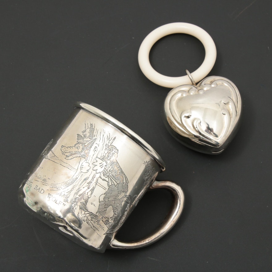 H.R. Morss Sterling Silver "Three Little Pigs" Baby Cup and Silver-Tone Rattle