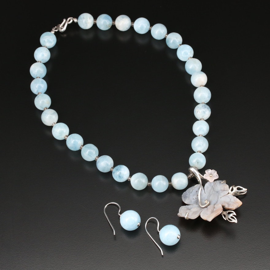 Sterling Silver Aquamarine, Rose Quartz, and Agate Necklace and Earring Set