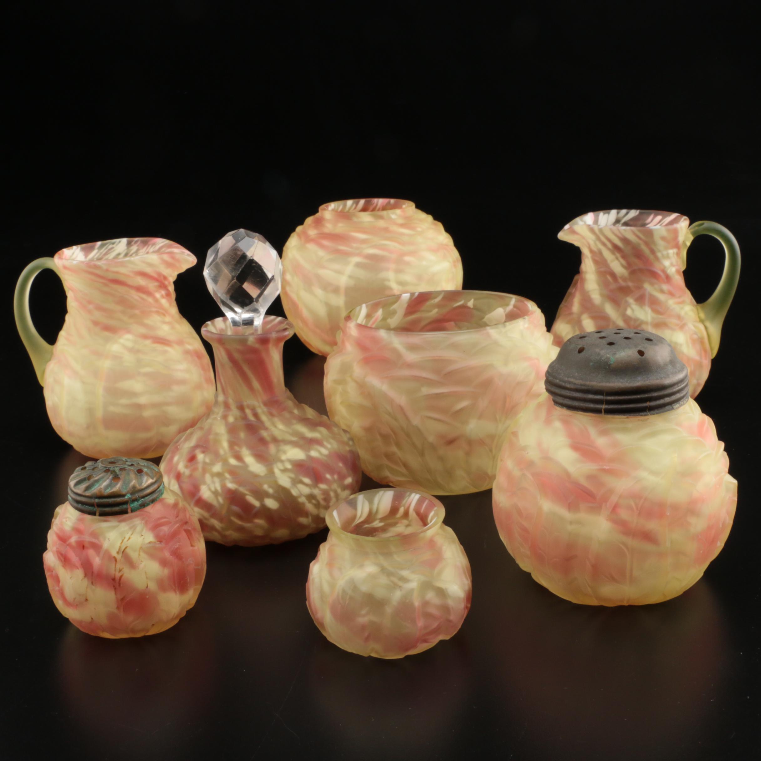 Northwood "Leaf Mold" Cranberry Spatter Vaseline Glass Table Accessories