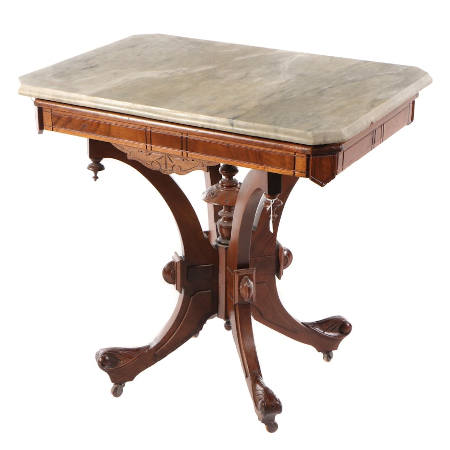 Victorian Marble-Top Walnut Side Table, Late 19th Century