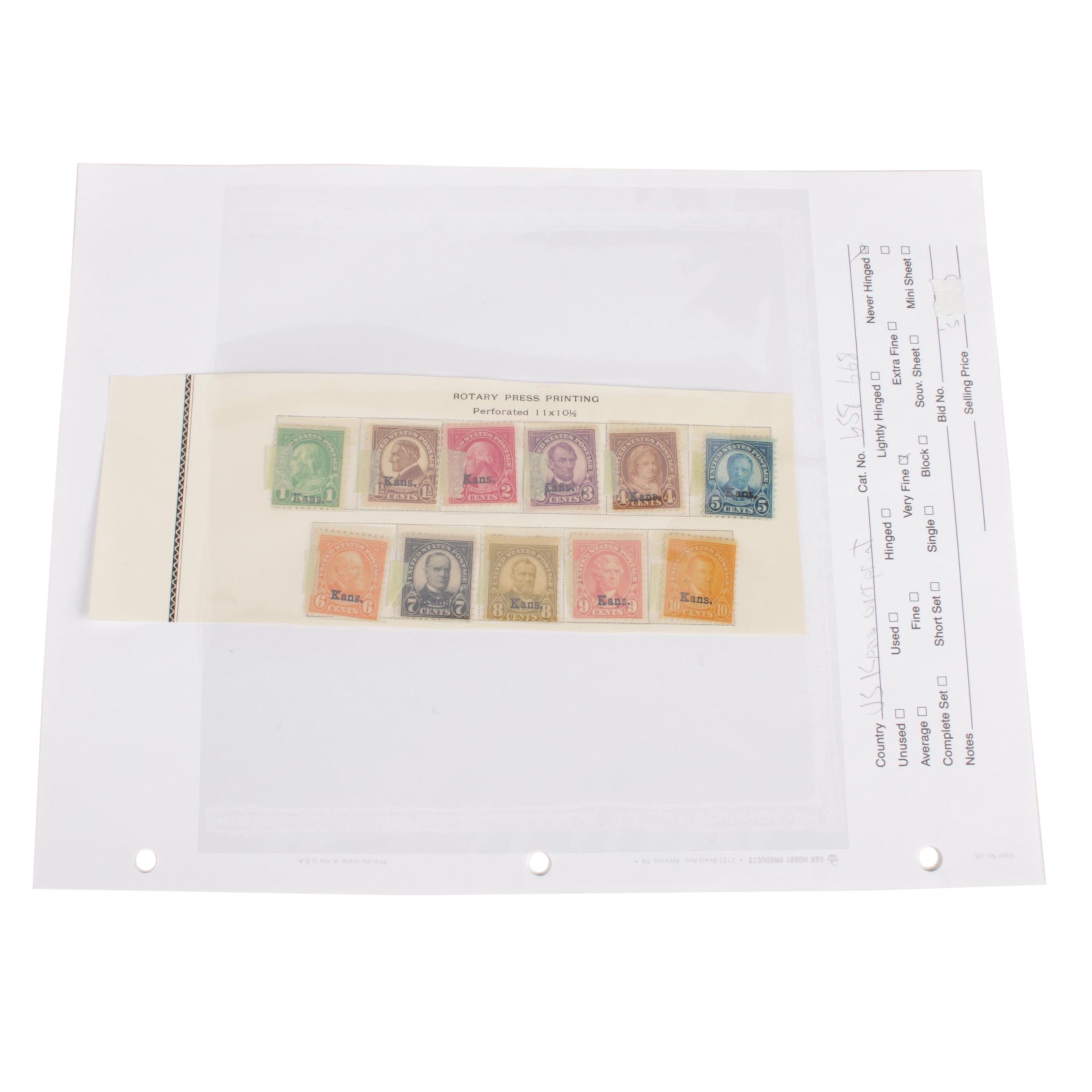 United States Kansas Overprint Stamps, Scott 658 - 668, 1929