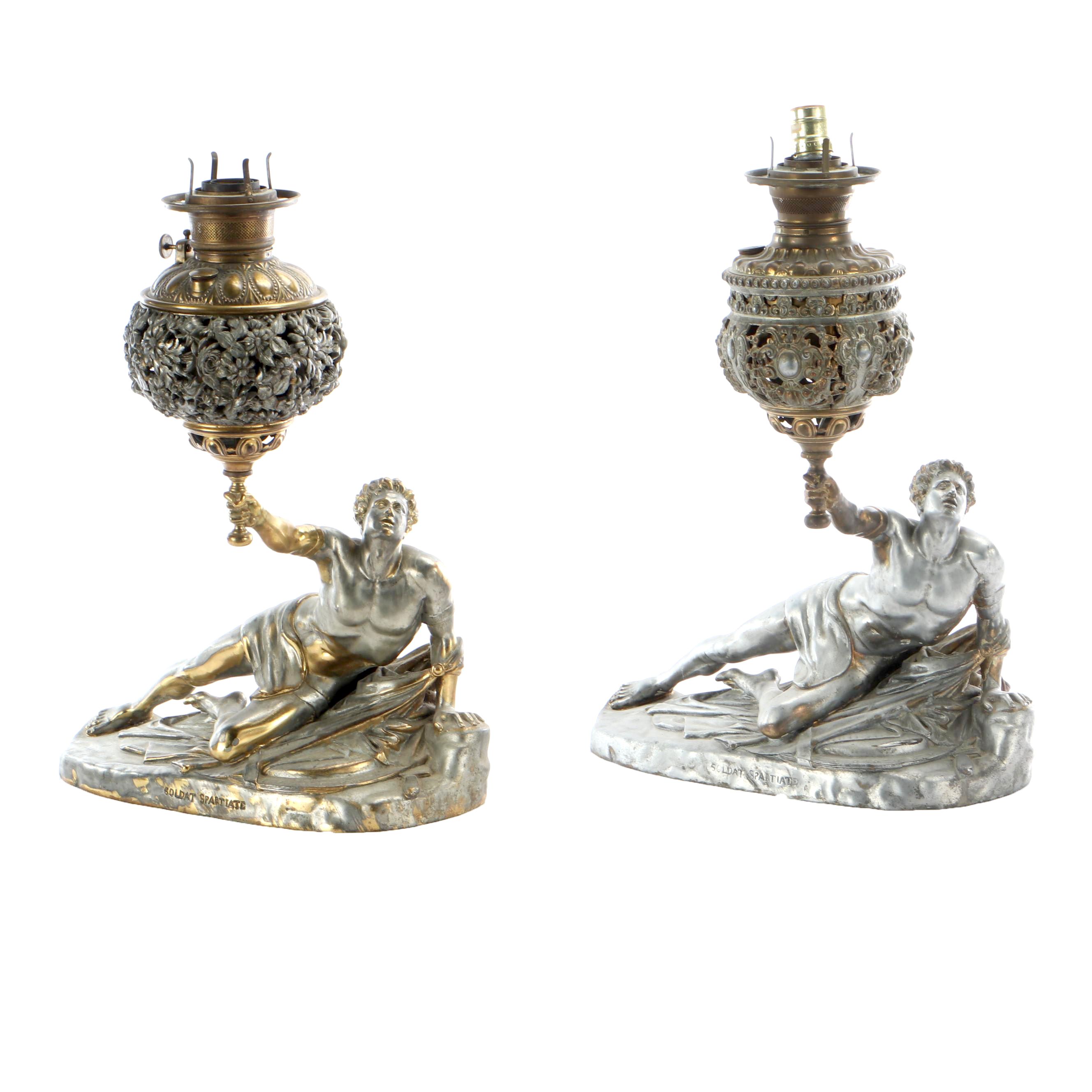 Pair Of Bradley & Hubbard Victorian "Soldat Spartiate" Lamp After Cortot