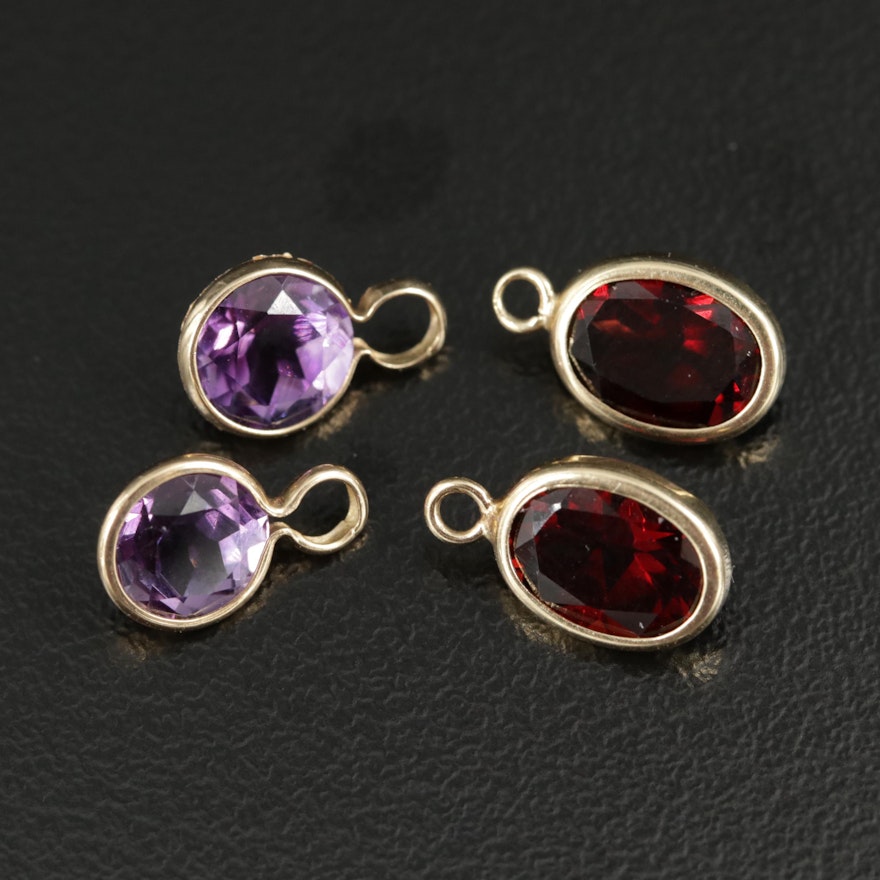 14K Yellow Gold Amethyst and Garnet Charm Pendants