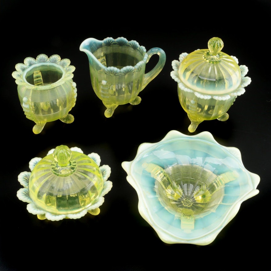 Northwood "Klondyke" Vaseline Glass Table Accessories, Late 19th/ Early 20th C.