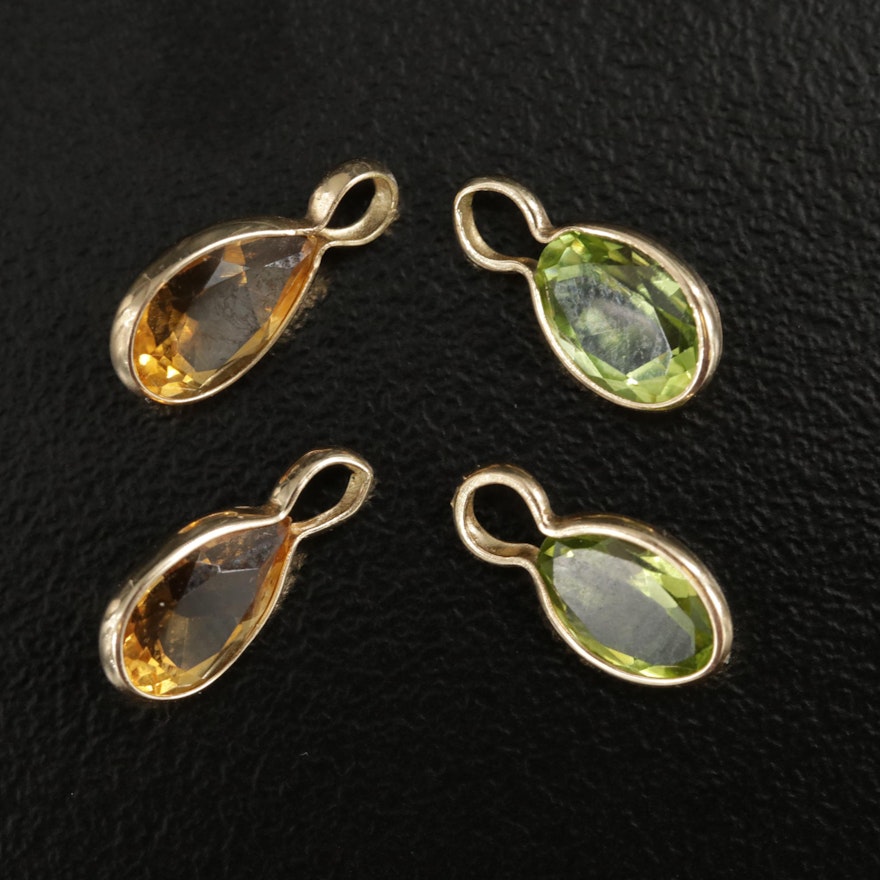 14K Yellow Gold Peridot and Citrine Charm Pendants