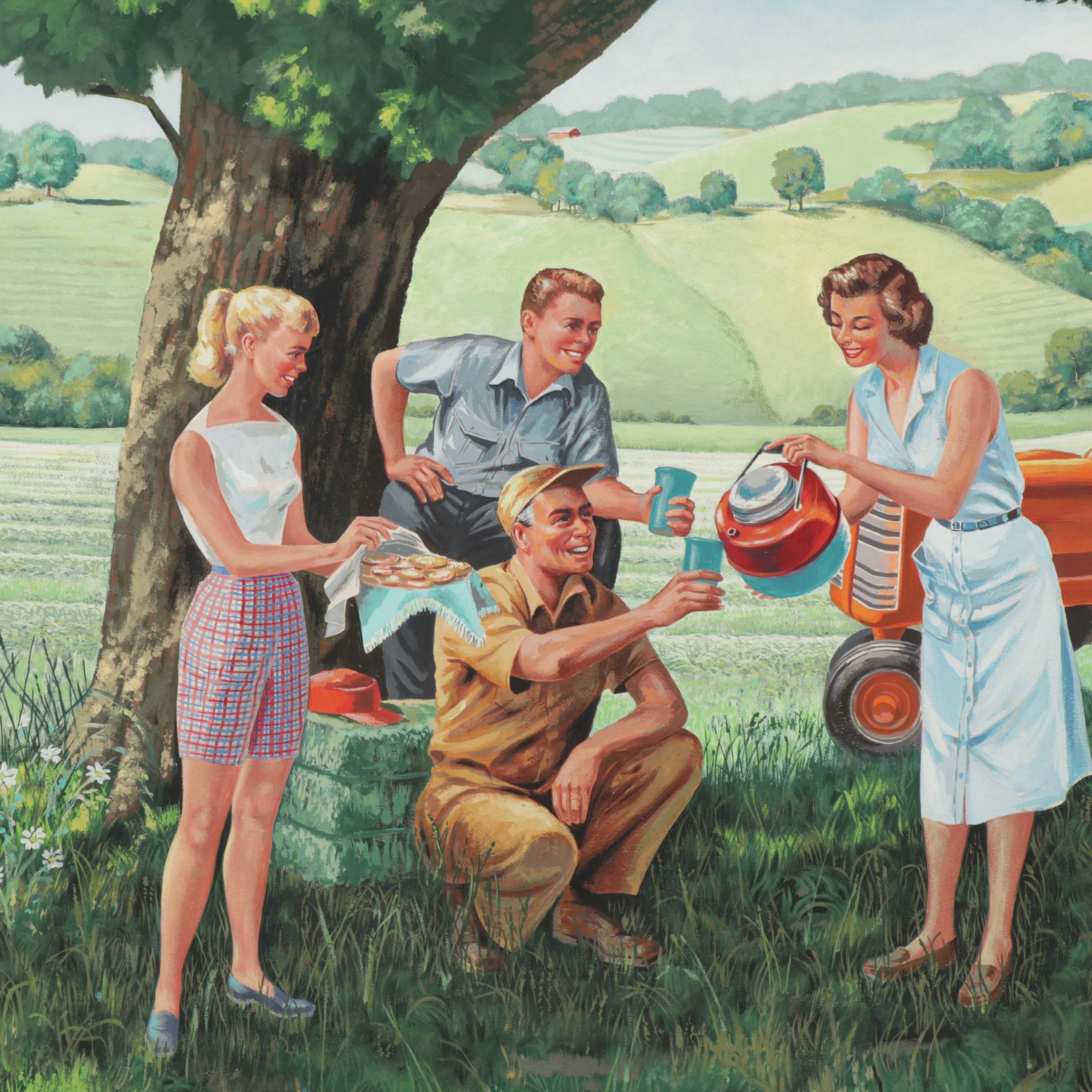 1950's Style Farm Scene Gouache Illustration Painting